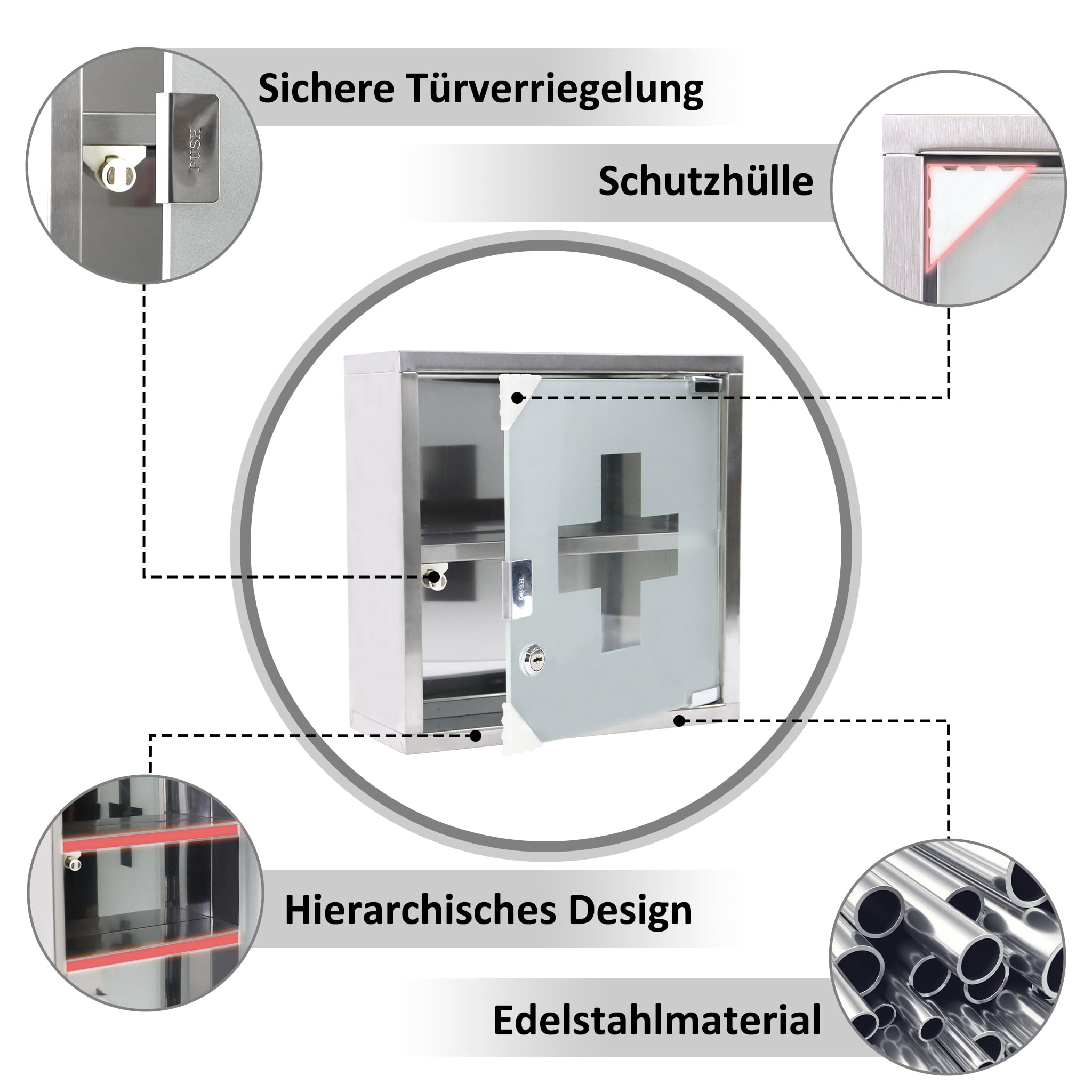 XMTECH Armoire à Pharmacie verrouillable - Armoire à Pharmacie - en Acier Inoxydable - Porte en Verre avec Serrure - 4 Compartiments - 57,5 x 30 x 12 cm