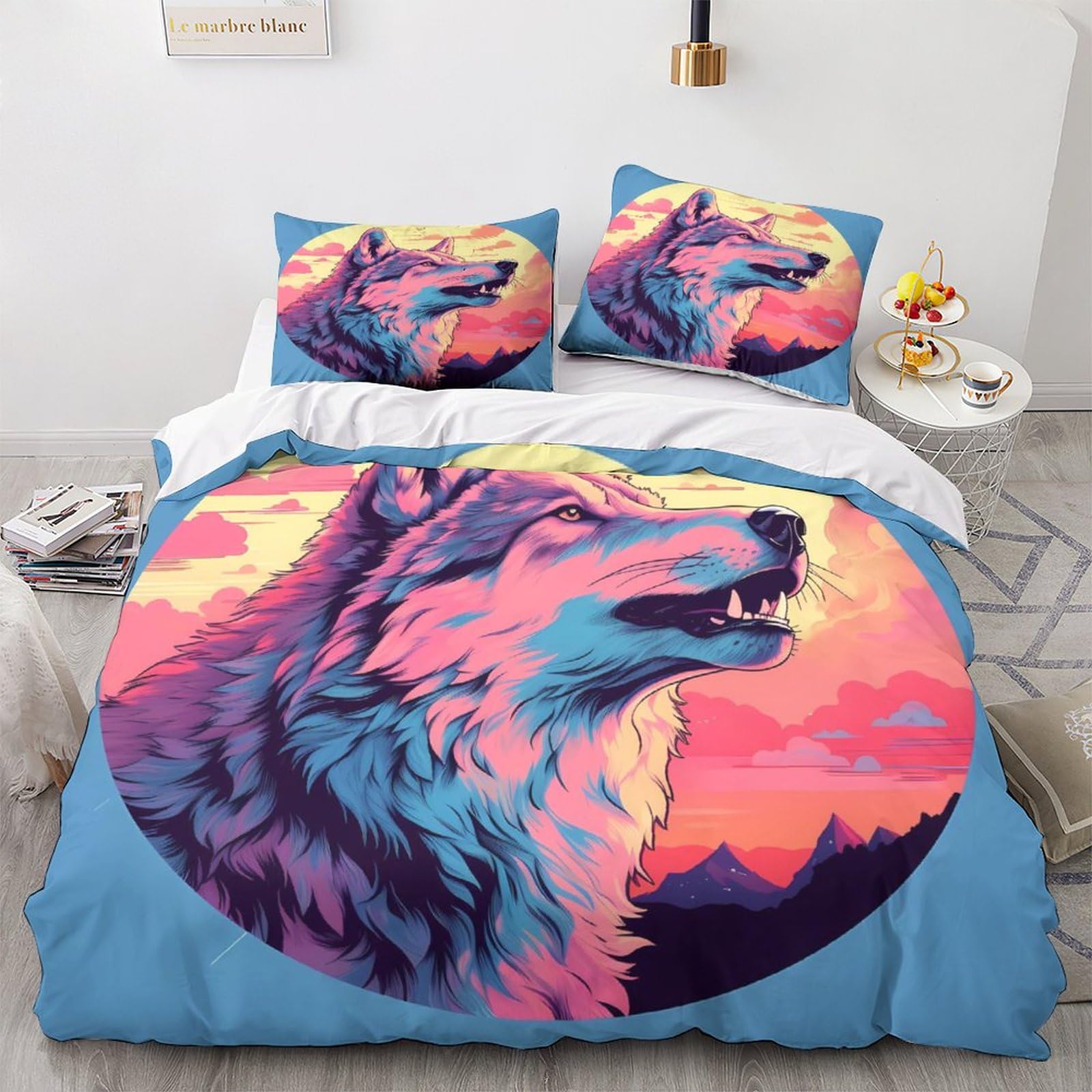 Housse de couette loup 200x200 cm avec 2 taies d'oreiller en microfibre pour lit double
