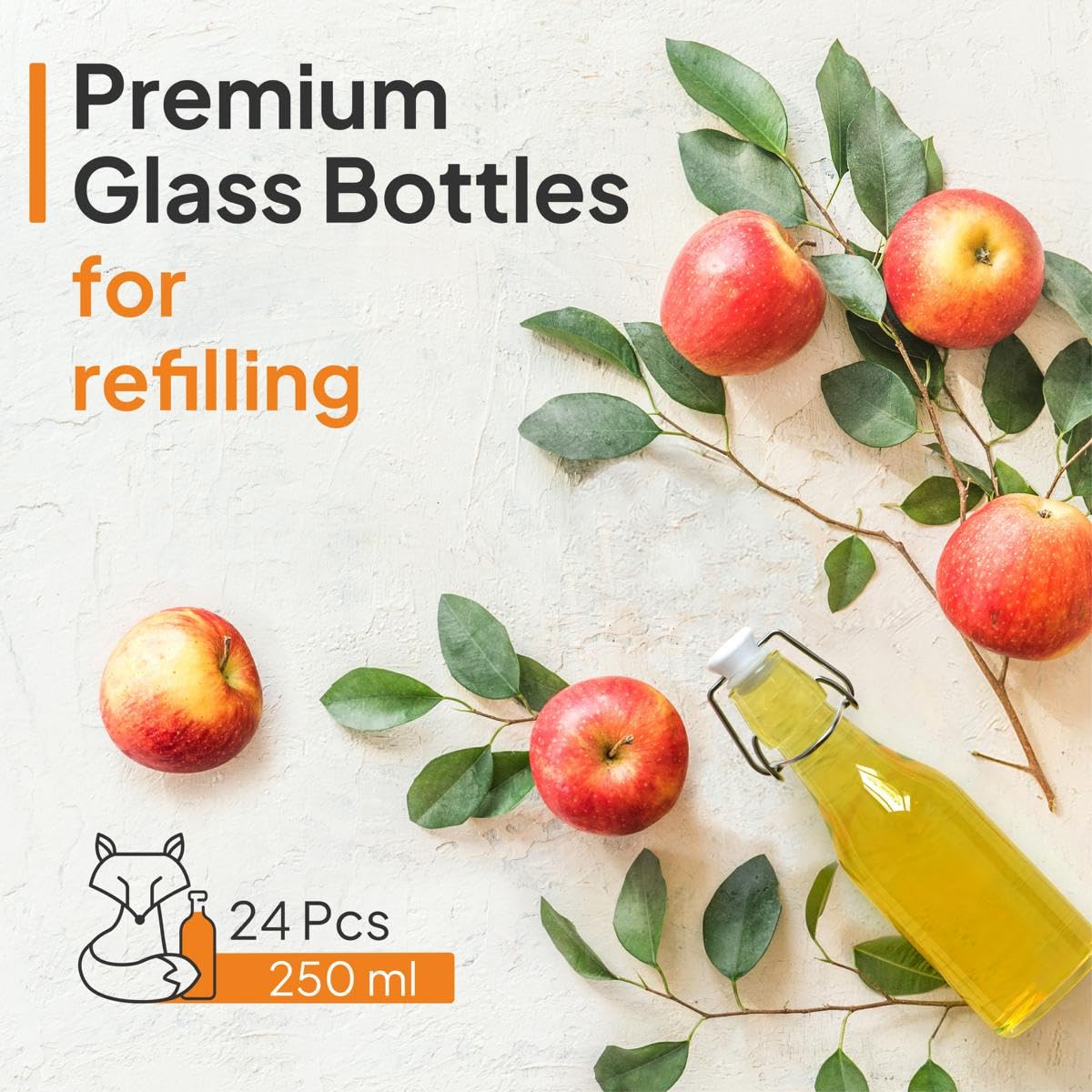 Set di 24 Bottiglie in Vetro da 250ml con Chiusura Ermetica - Bottiglia per Olio, Vino, Liquori, Acqua, Birra, Succhi di Frutta, Conserve e Latte - Bottigliette di Vetro piccole