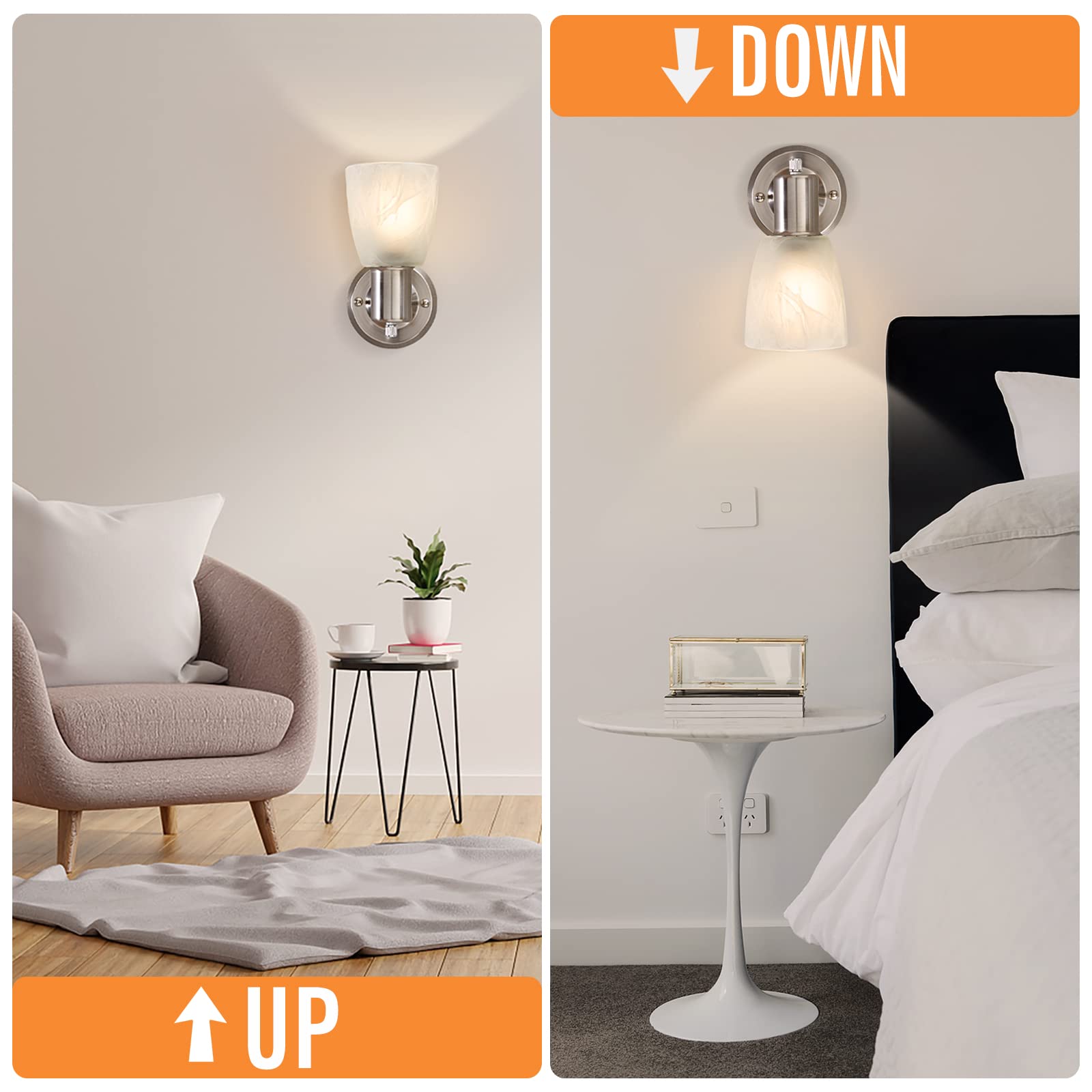 Juego de 2 apliques de pared, luces de tocador de níquel cepillado para baño, modernas lámparas de pared con interruptor giratorio, luz de montaje en pared con vidrio esmerilado, lámpara de pared de 3
