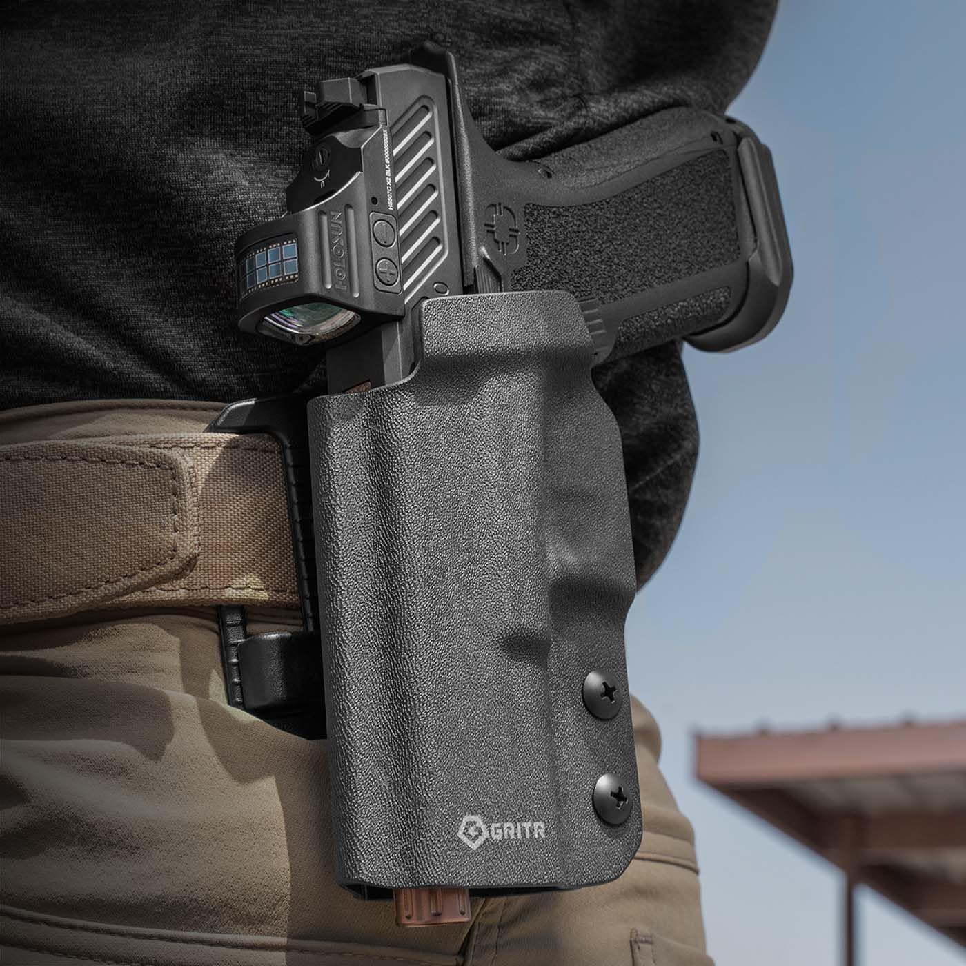 GRITR OWB Kydex Right/Left Hand Gun Holster Fits Glock 19 - Optic Cut, Compatible with Safariland QLS/G-Code RTI Attachments, Adjustable Belt Loops, Open Bottom, Adjustable Cant
