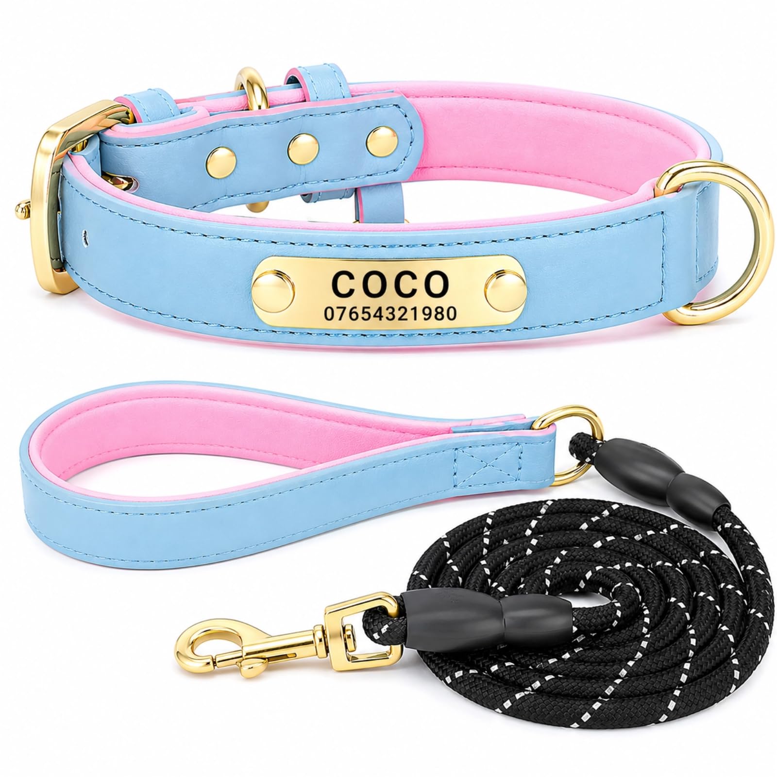 SEOUGEE Genuine Leather Dog Collar Personalised and Leash Set, Soft Padded Leather Dog Collars Heavy Duty with Custom Engraved Name Plate for Small Medium Large Dogs (S, Sky Blue & Pink Set 23-32cm) — image 1