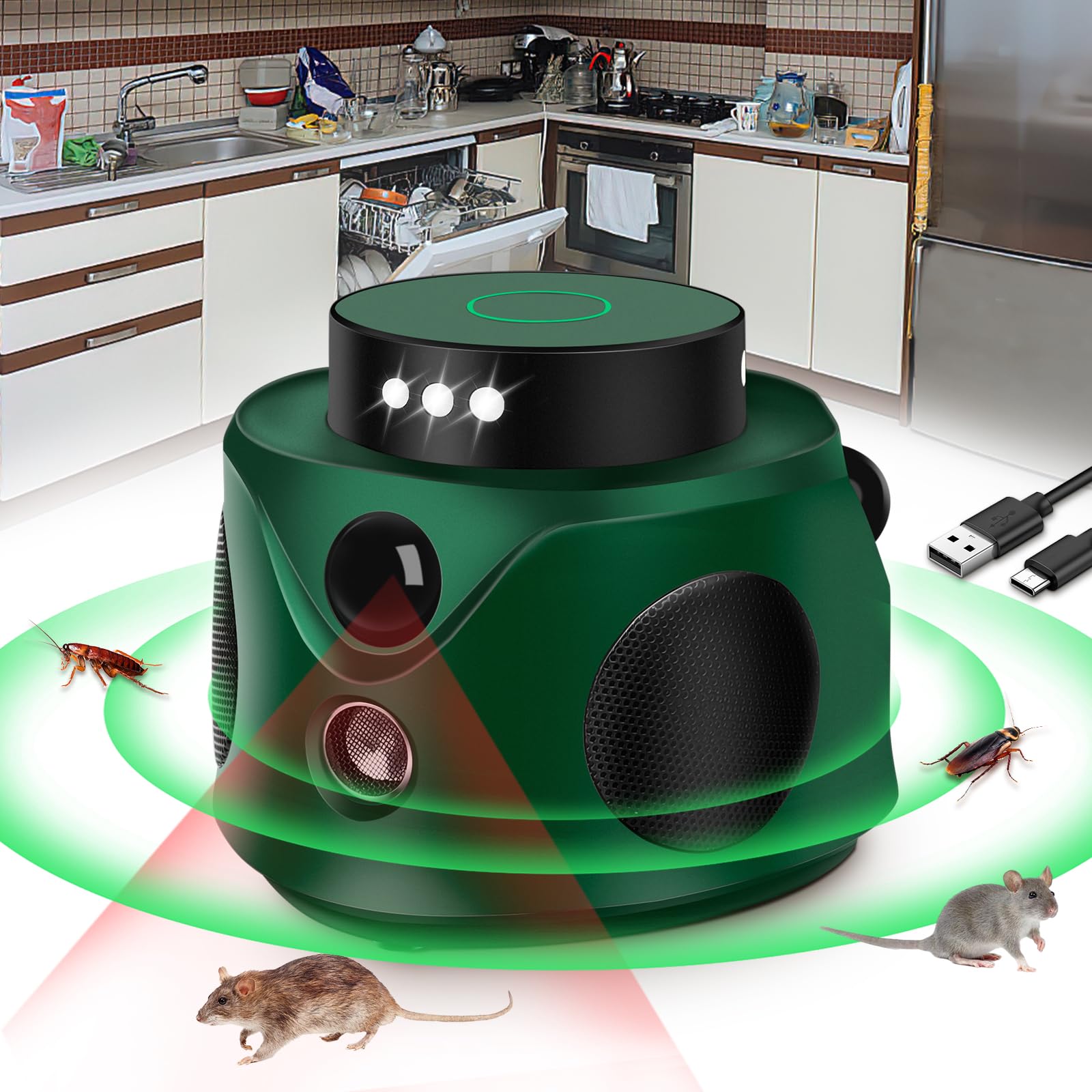 Rodent Repellent Indoor, 360° Ultrasonic Mouse Repellent with 9 Strobes & 3 Speakers, Pest Repeller Mice Repellent Plug-ins Mouse Deterrent for House, Attic, Garage, Basement Mice Control (Green)