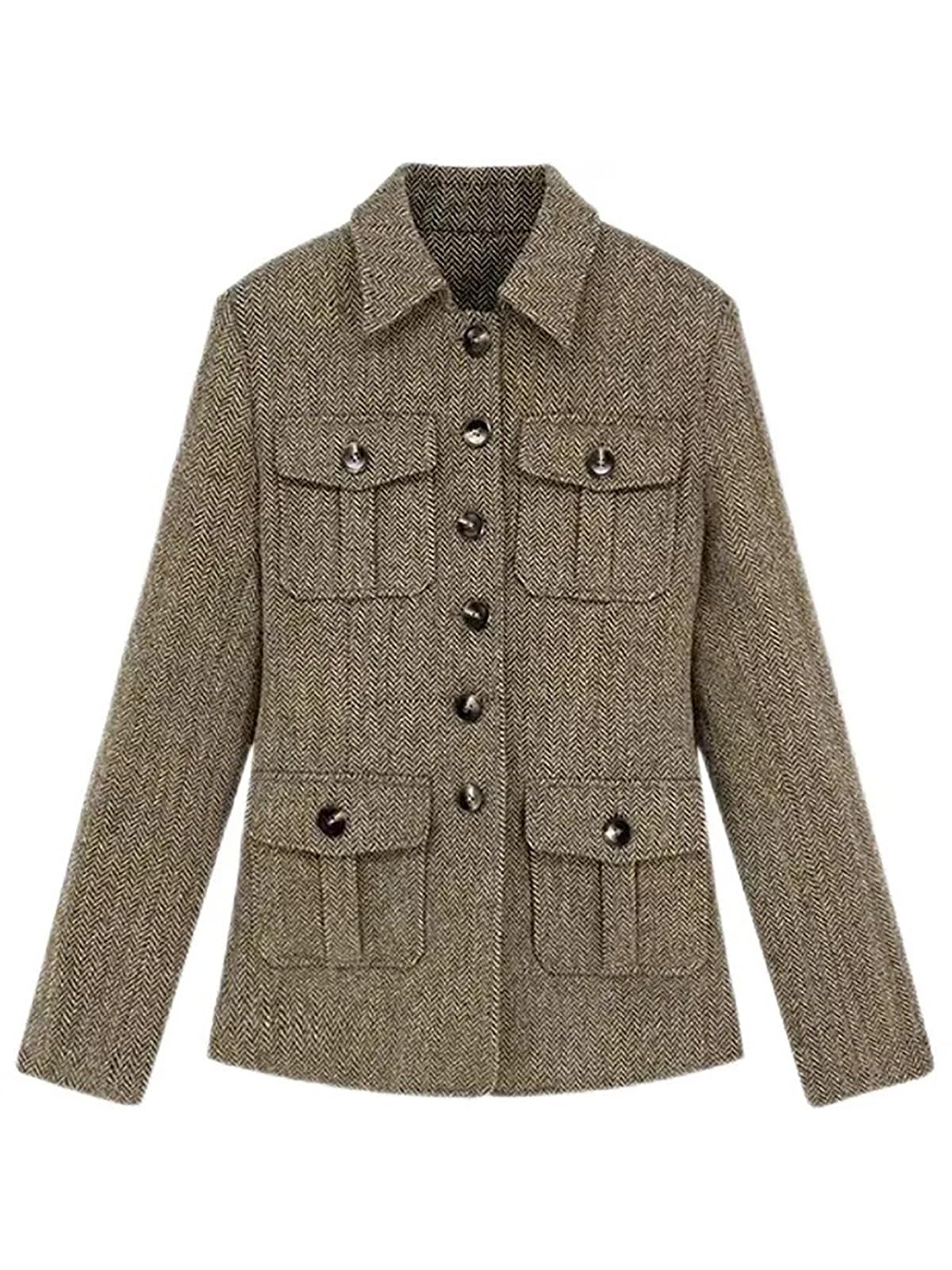 Women Tweed Blazer Herringbone Sport Jackets Casual Vintage Classic Four Pockets British Norfolk Jacket