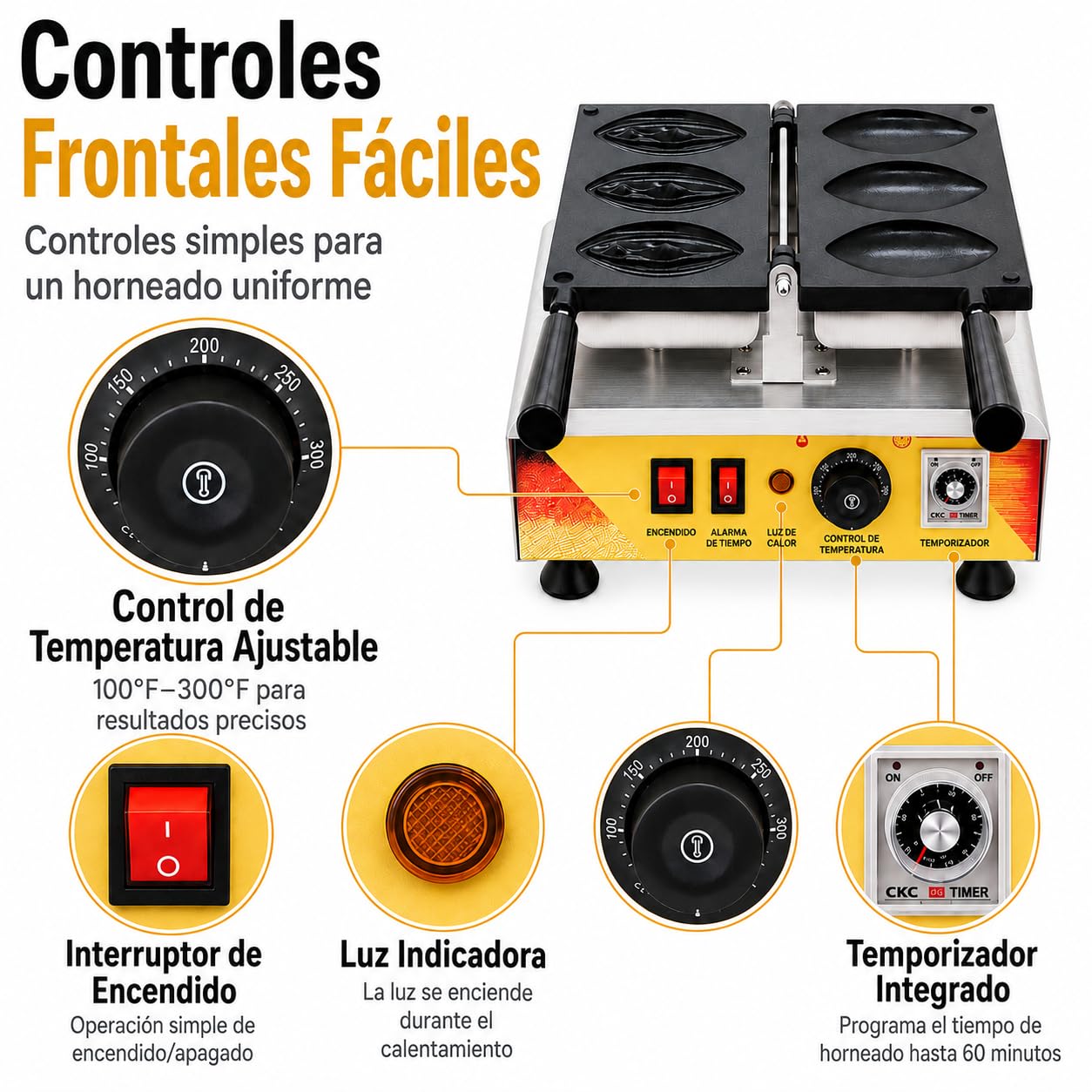 Gofrera Profesional 3 Moldes Diseño Creativo 1,56 kW | Control de temperatura regulable，Temporizador integrado，Calentamiento uniforme，Panel frontal sencillo