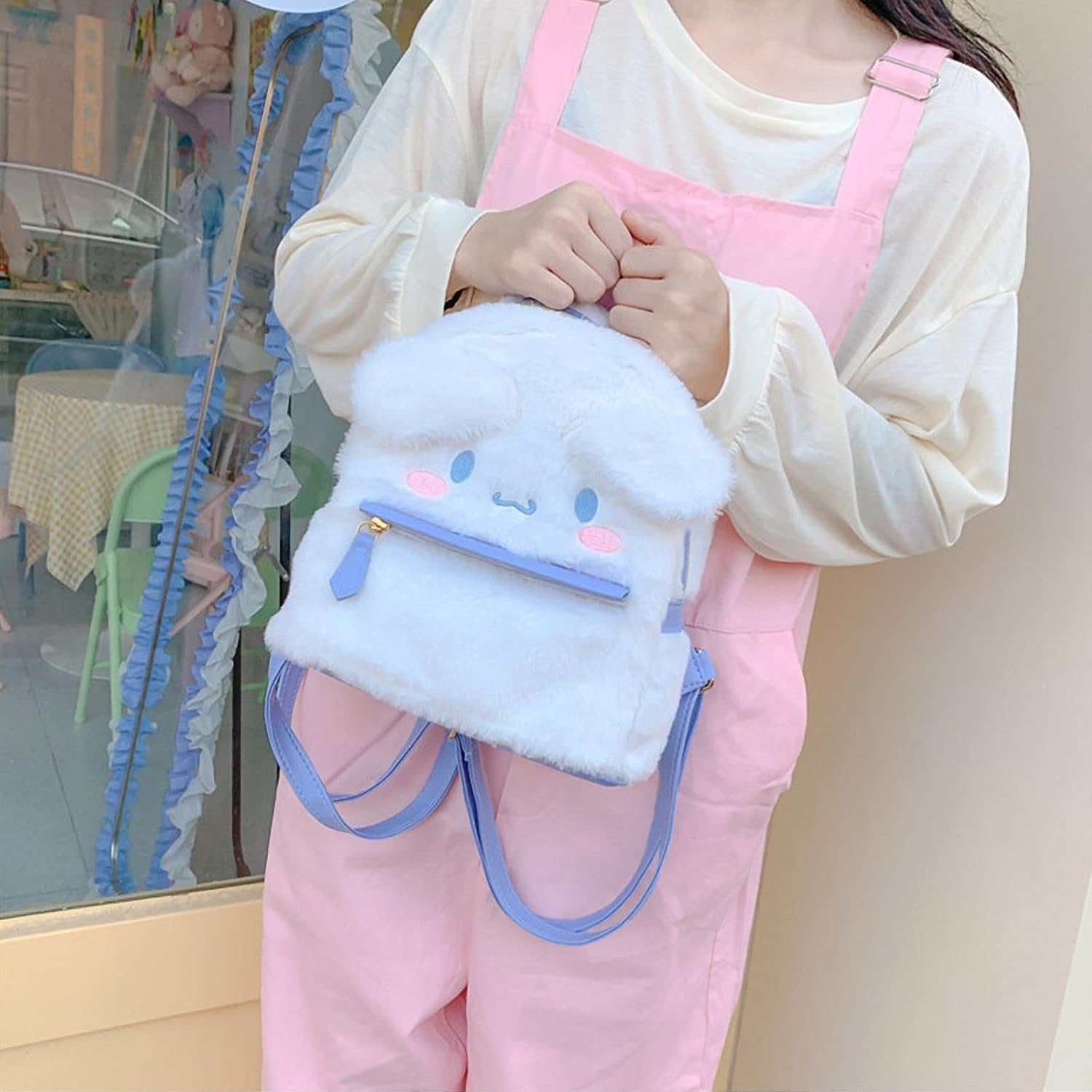 Cute Small Plush Backpacks for Girls, 3D Kawaii Animal Cartoon Mini Adorable Bag, Travel And Everyday Use Handbag Furry Bag, White Dog