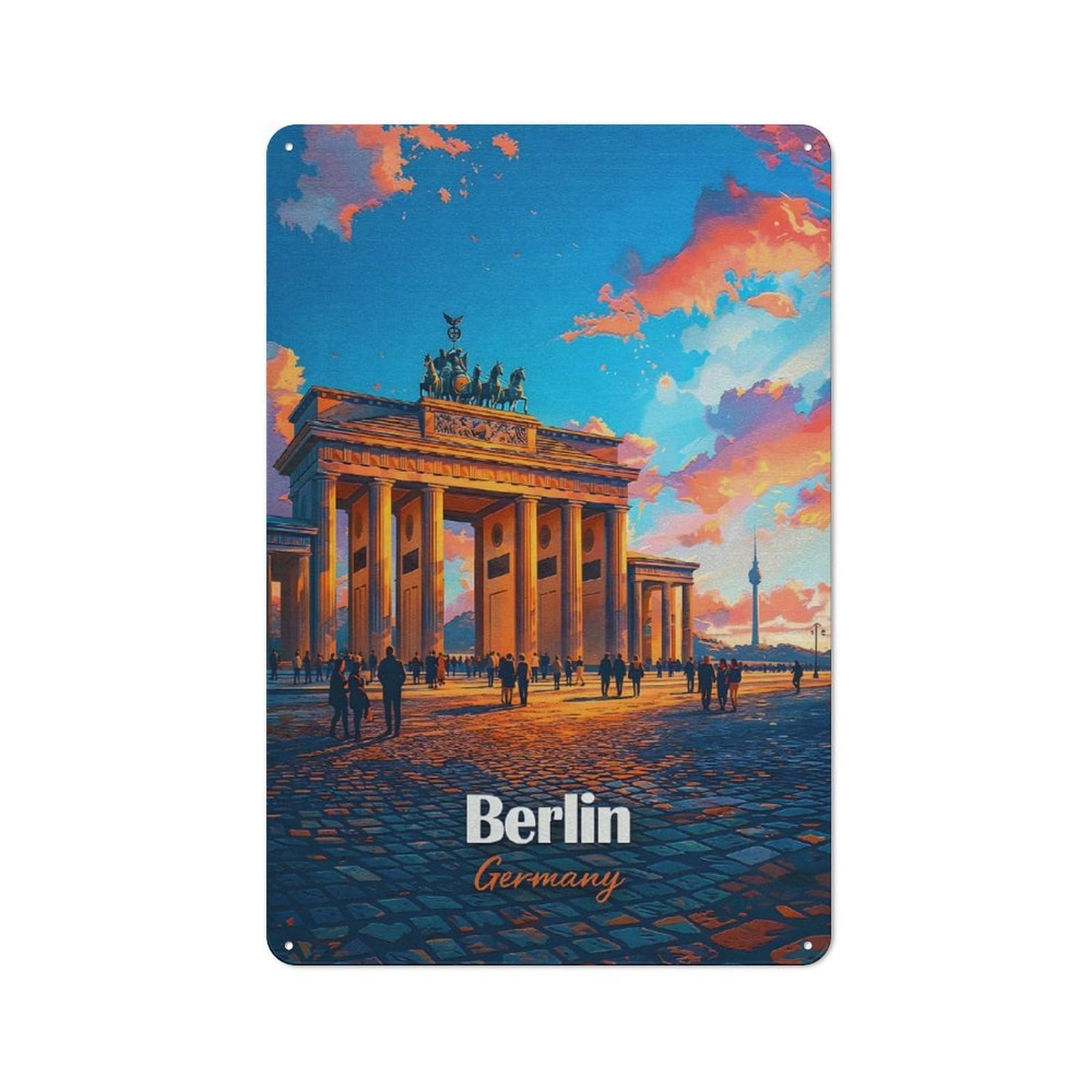 Junmoney Style-20 Tin Wall Plaque 30X20cm With Brandenburg Gate At Sunset For Café Or Restaurant, Housewarming Present For People Styling Café And Restaurant