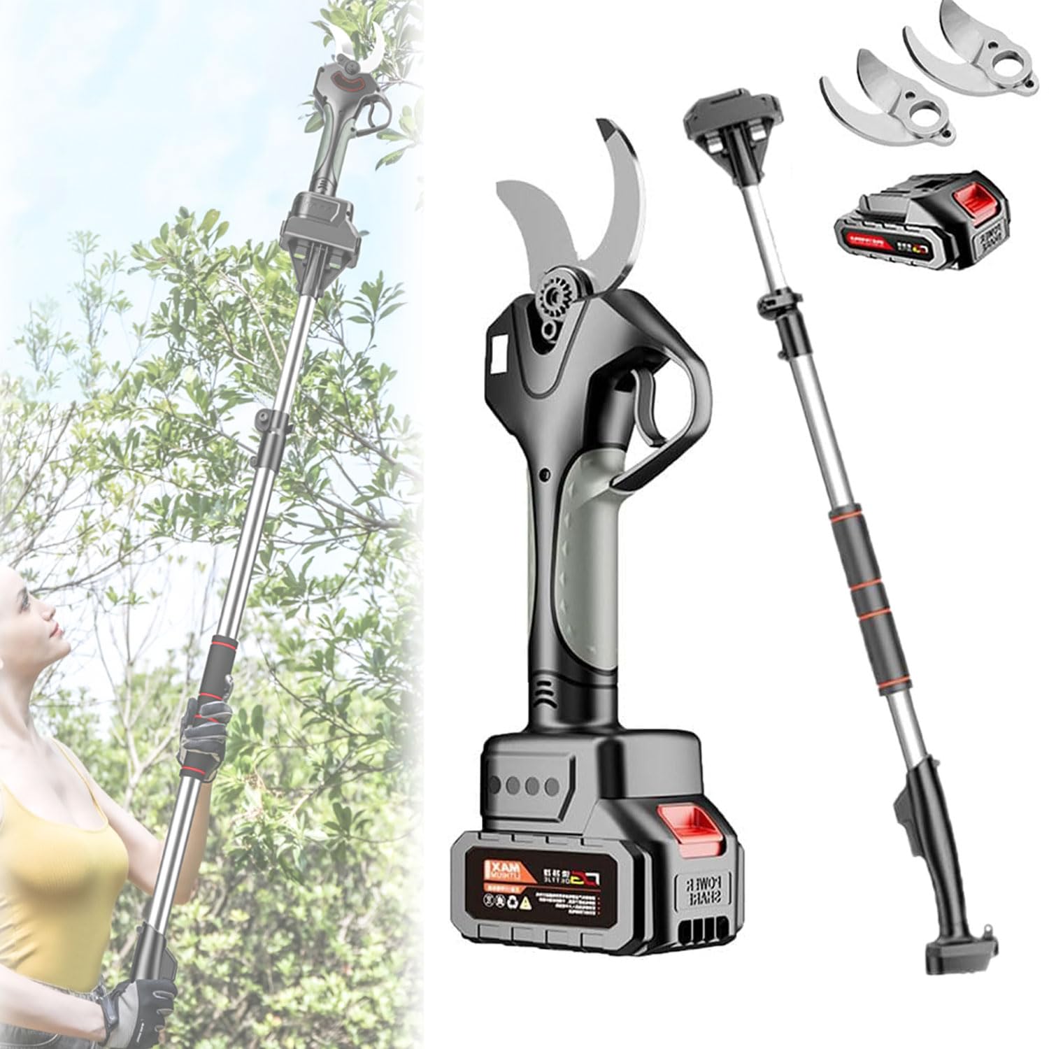 Potatore Per Rami Di Alberi Da Giardino a Batteria, Tagliabordi Portatile Intelligente Con Batteria Al Litio Da 45mm, Cesoie Da Potatura Ricaricabili Con Asta Telescopica Da 2,1 M, Ricarica Rapida
