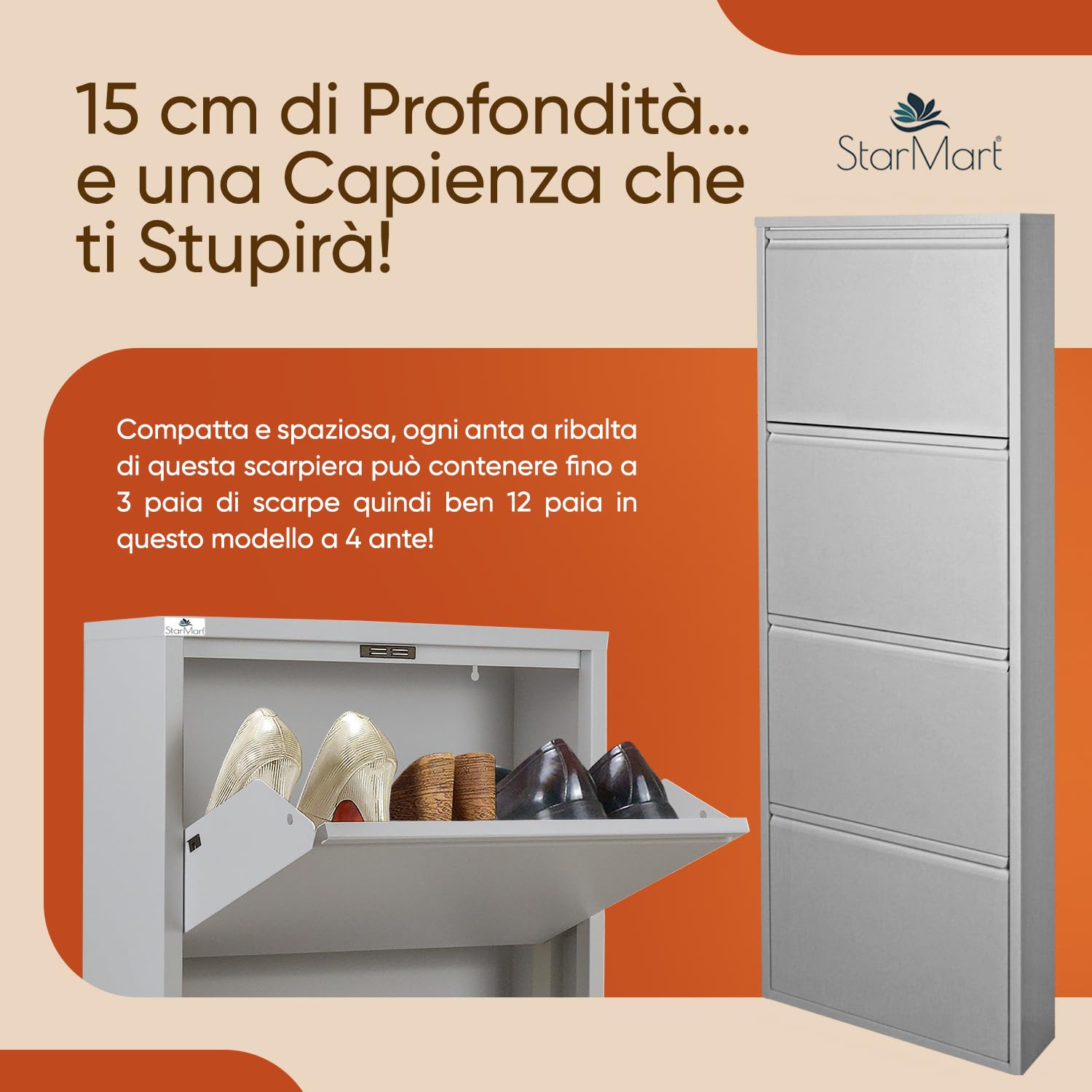 StarMart Scarpiera Salvaspazio Slim GRIGIO (4 Ante 12 Paia, Nessun Montaggio) Struttura in Metallo resistente (no plastica, tessuto, or legno), per Interni/Esterni, Scarpe/Stivali, Garanzia 15 Anni