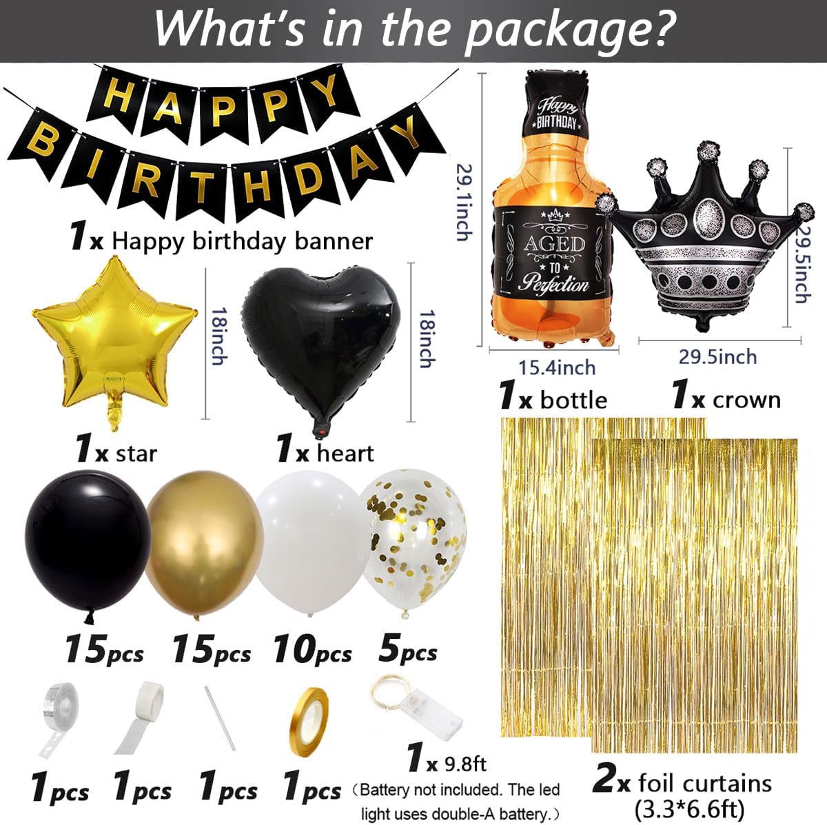 Black and Gold Birthday Decorations for Men Women with Happy Bithday Banner, Curtains, Bottle, Crown, Heart Star Balloons and LED light for Black and gold Party Decorations (Black-gold) - Image 4