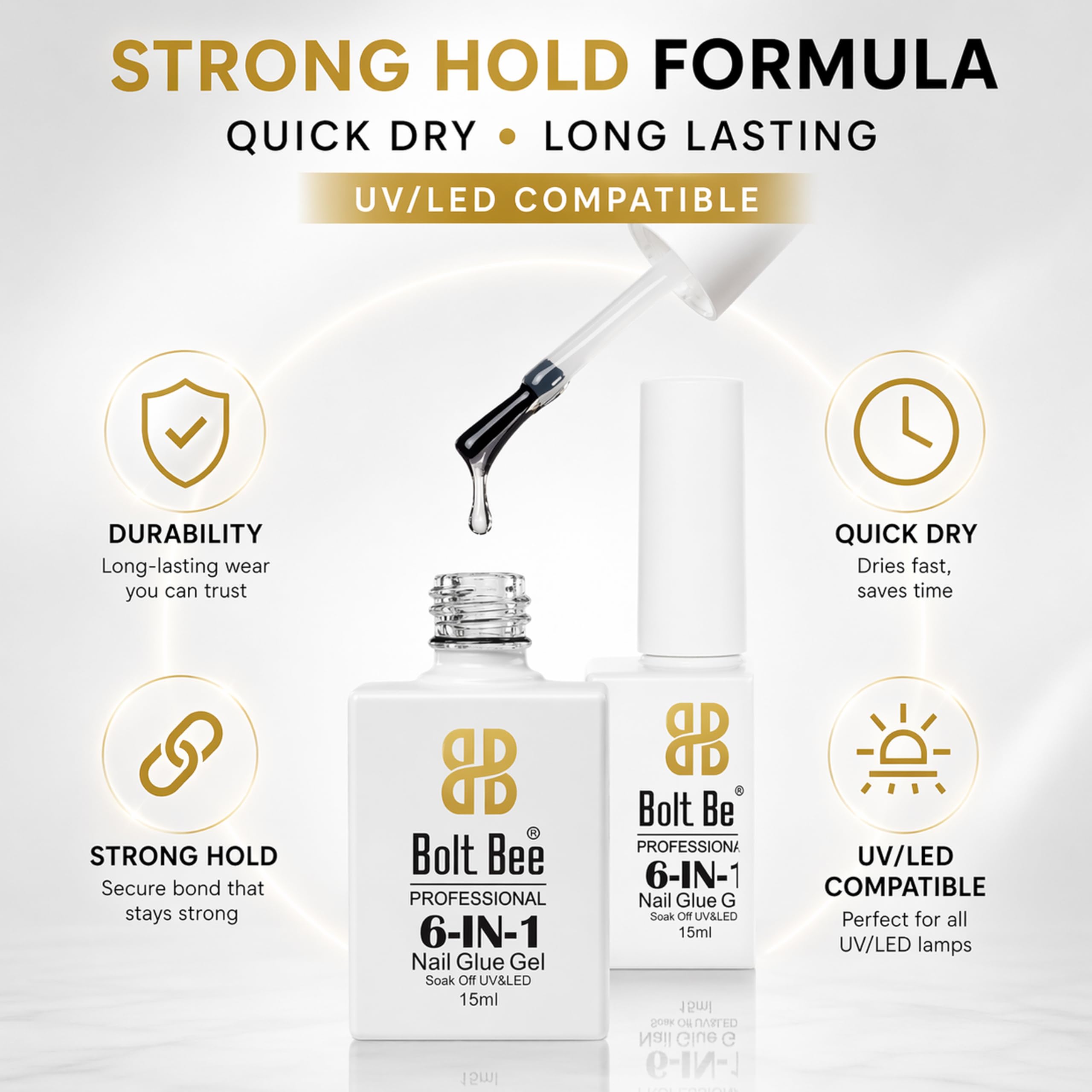 Bolt Bee 6 in 1 Gel Nail Glue for Acrylic & Press On Nails | Strong Adhesive Nail Extension Gel for Clear False nail Tips | UV Light Required Thick Formula | Long Lasting Clear gel-15ml 3