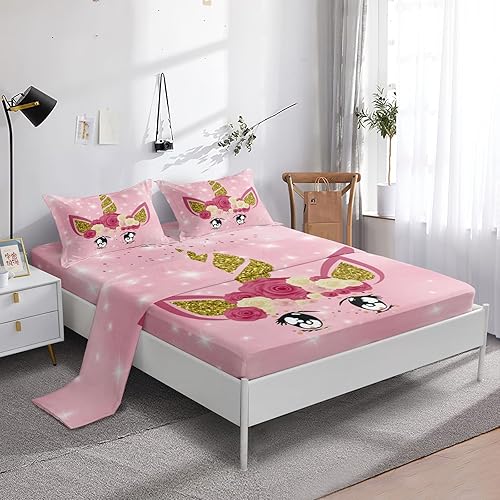Miniatura 6 de 3 Pieces Unicorn Sheet Set Twin Size,Pink Unicorn Fitted Bed Sheet for Kids Girls Cartoon Unicorn Bedding Soft Microfiber All-Round Elastic Pocket