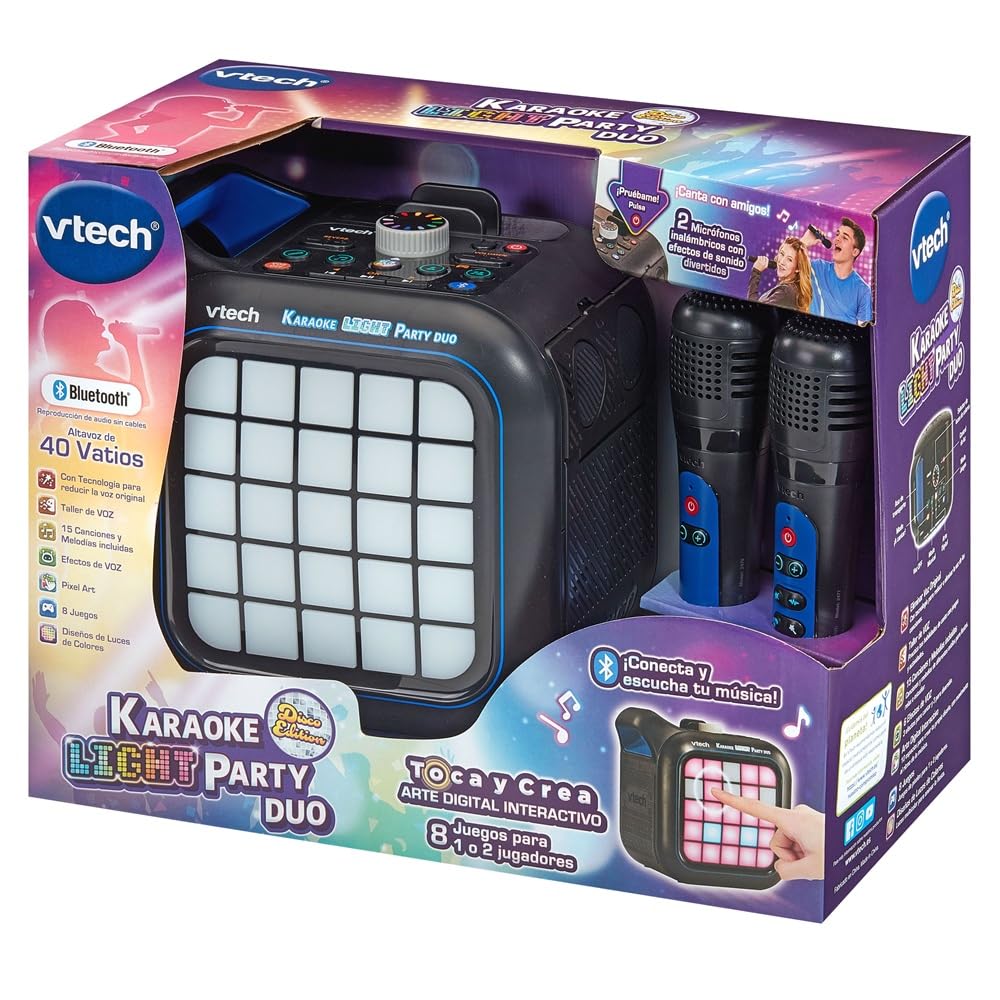 VTech - Karaoke Light Party Duo Disco Edition, Altavoz Potente, Karaoke Portátil con Bluetooth, 40W, Incluye 2 micrófonos inalámbricos, función Quitar Voz, Panel táctil, asa integrada, Versión ESP
