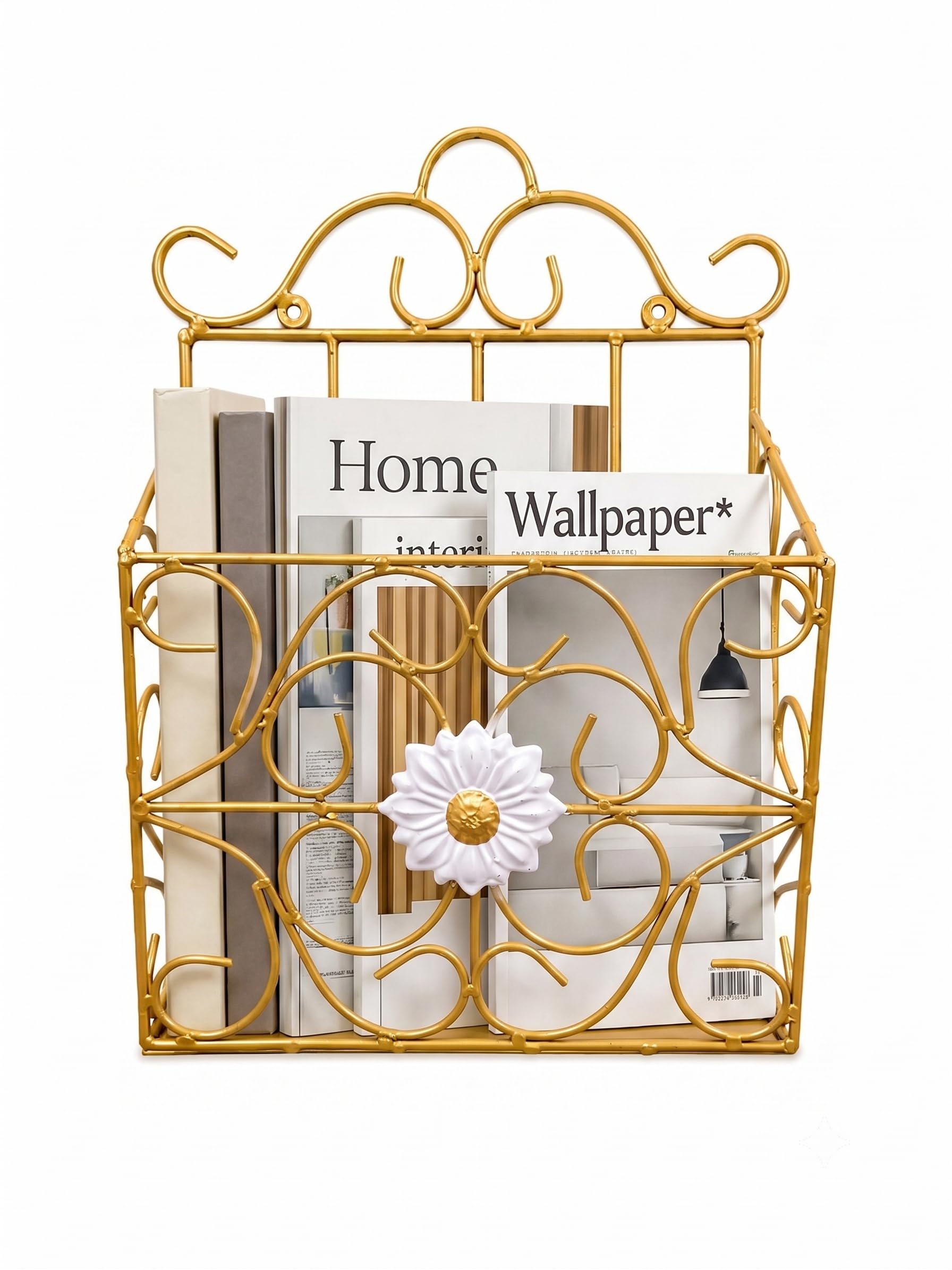 Woodiva Wrought Iron Modern Elegance Magazine Newspaper & Book Wall Rack for Home & Office, 38x28x11cm. (Golden)-image-28
