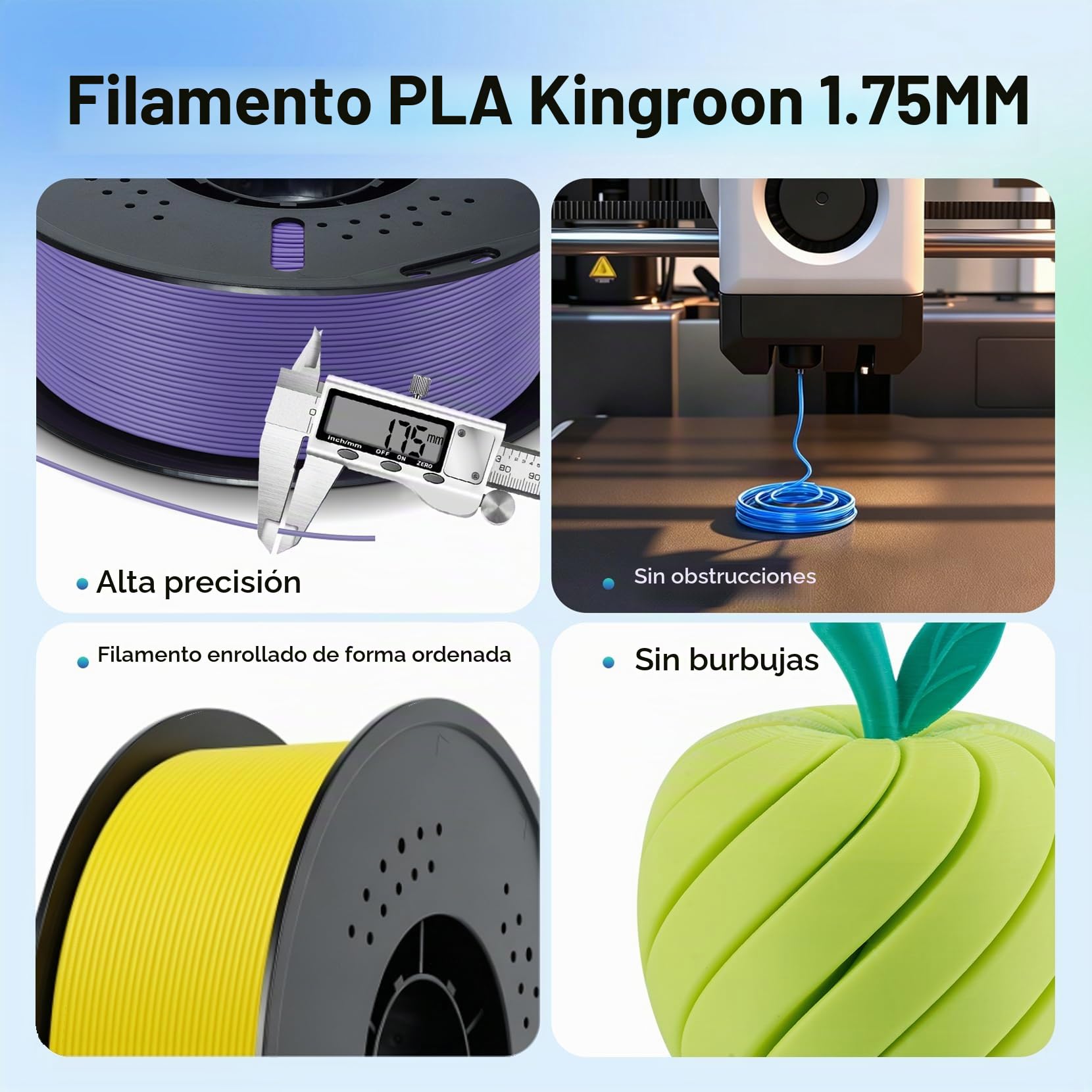 Kingroon Filamento PLA de 1,75 mm, filamento PLA para impresora 3D, precisión dimensional +/- 0,03 mm, bobina de 10 kg (22 libras), negro, marrón, gris, amarillo, verde, lila, plata, azul cielo