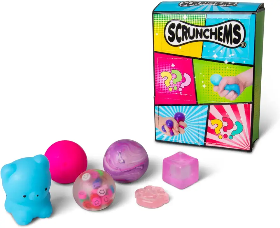 SCRUNCHEMS Surprise Box Set with 6 Compartments, Includes Marble Ball, Sugar Cube, Foam Bear, Cat, Squish Ball and Colour Change Ball, Kids Discovery Toy Set of Squishies, Ages 3+