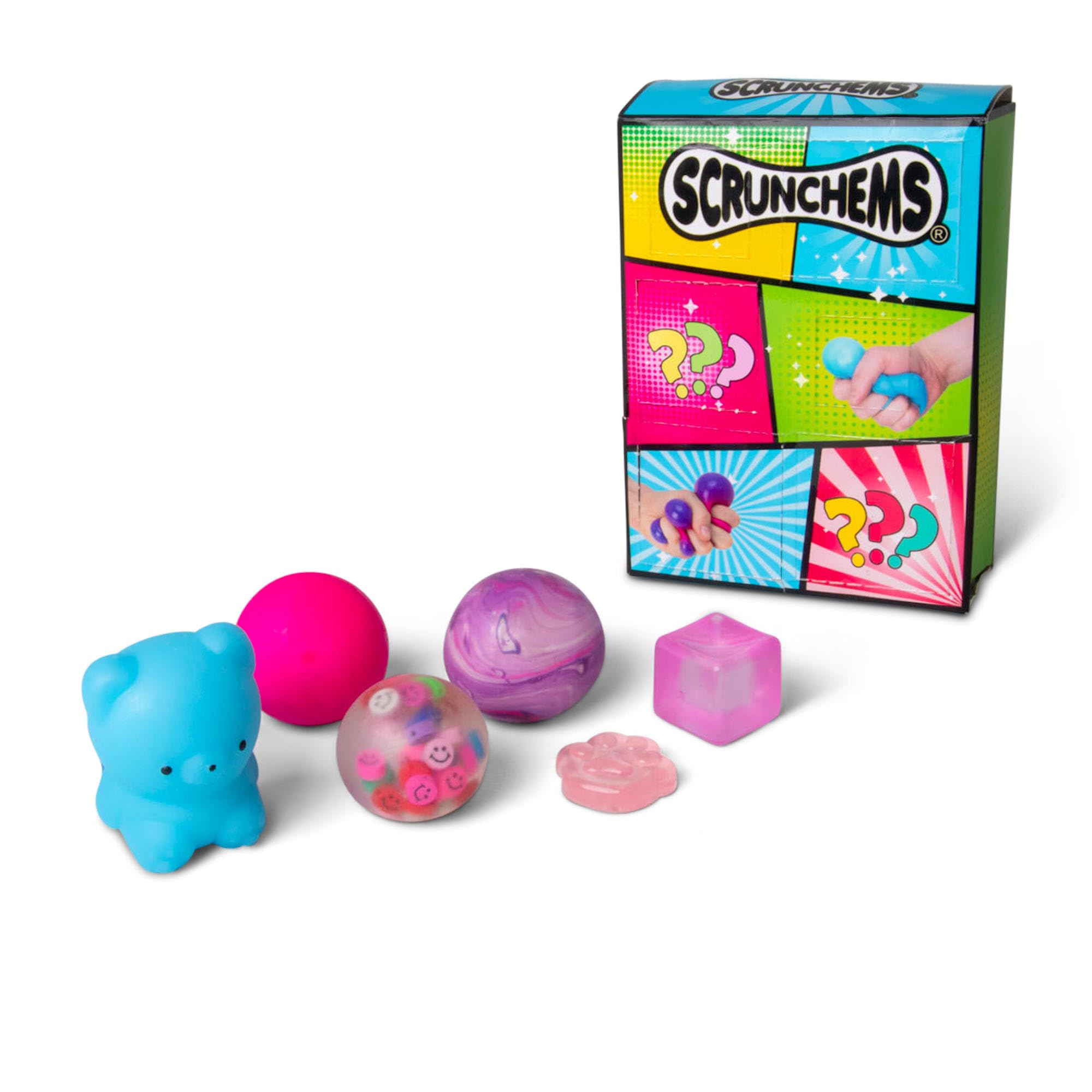 SCRUNCHEMS Surprise Box Set with 6 Compartments, Includes Marble Ball, Sugar Cube, Foam Bear, Cat, Squish Ball and Colour Change Ball, Kids Discovery Toy Set of Squishies, Ages 3+