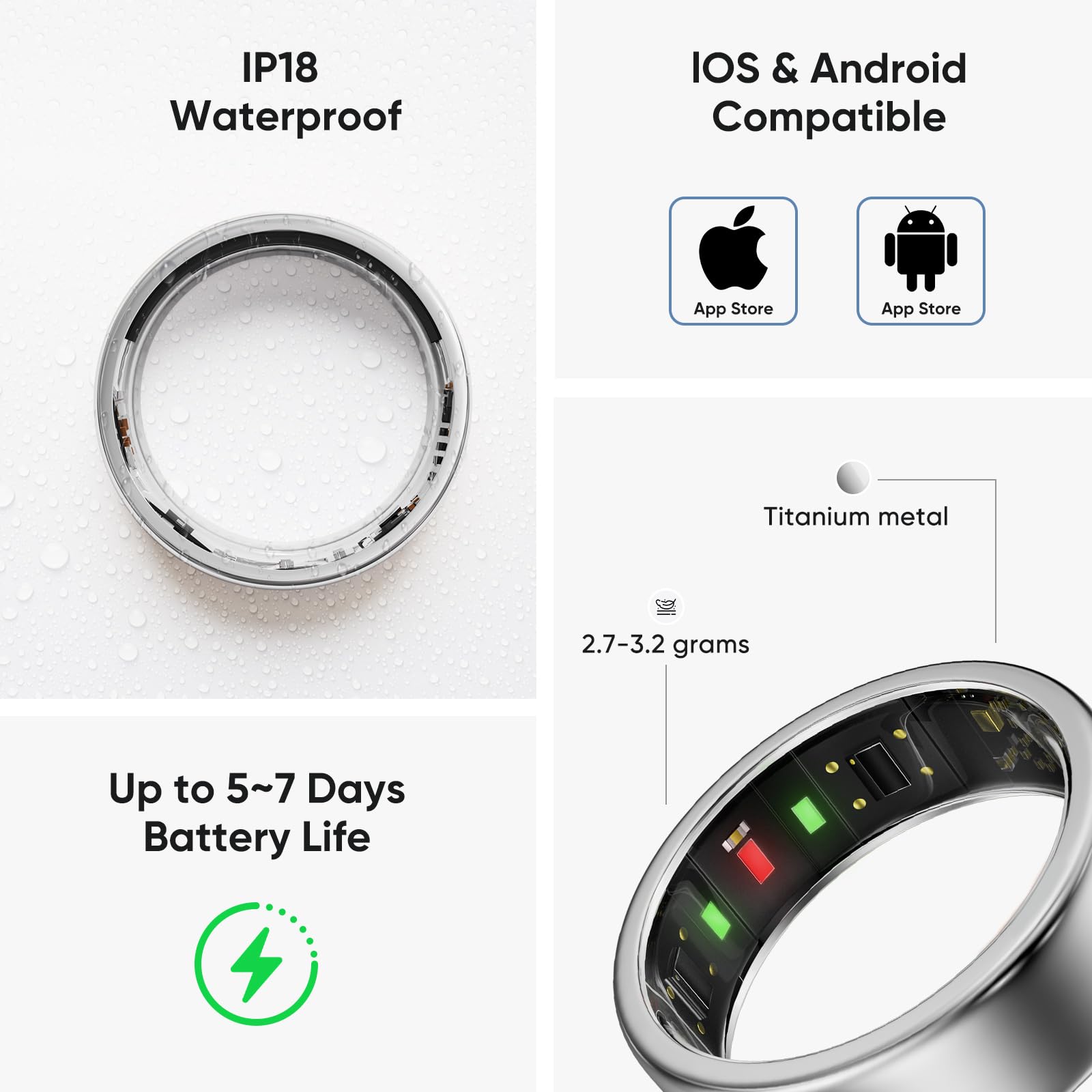 Anello intelligente in titanio per donne e uomini, ultra leggero (2,7-3,2 g), batteria 4-6 giorni, custodia da 500 mAh per 3 ricariche, tracker salute e fitness (argento 7)