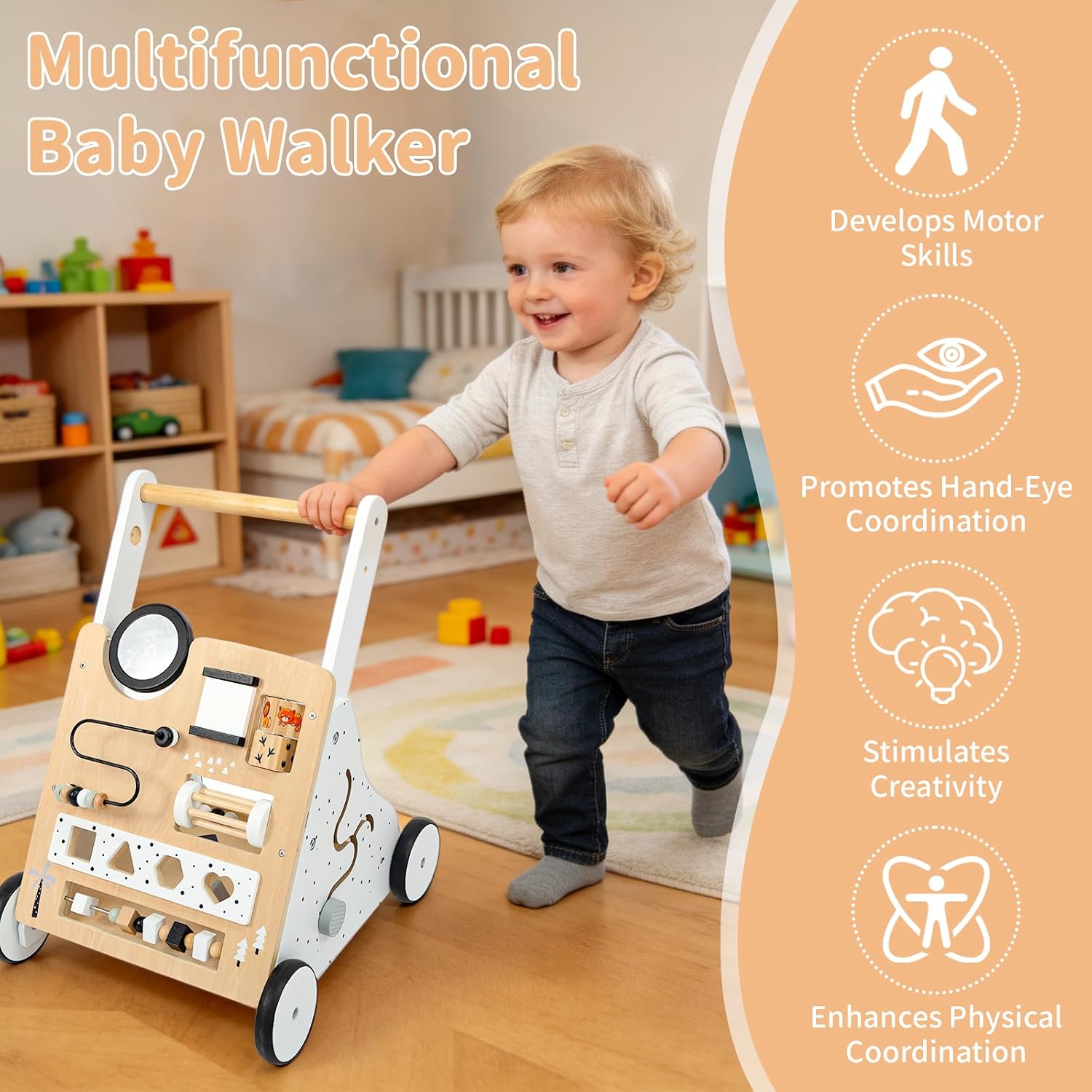 Wooden Baby Walker for Toddlers 1-3, Adjustable Height Montessori Push Toy with 9-in-1 Activity Center, Baby Push Walker with Wheels for Learning to Walk, Gift for 12 Month Old Girls Boys