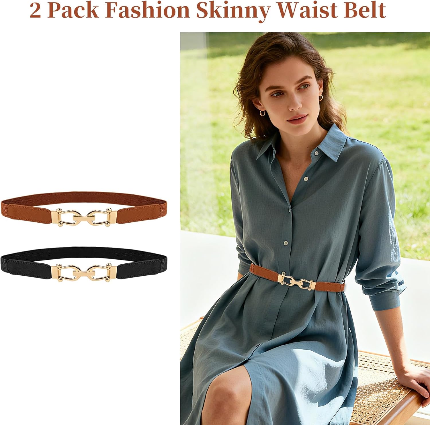 Women Stretchy Thin Waist Belt, Retro Elastic Skinny Belt with Gold Buckle for Ladies, Perfect for Dresses & Shirts, 2 Pack - Image 7
