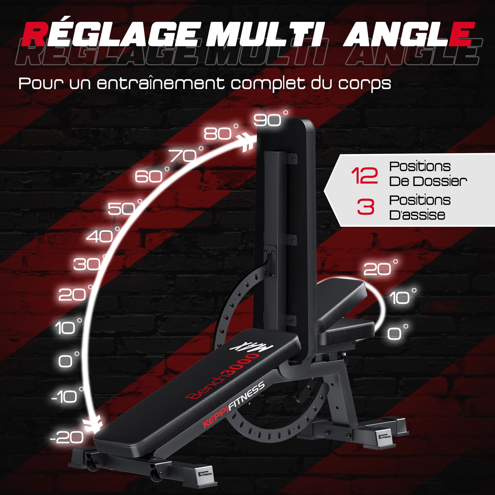 Keppi Banc Musculation, Capacité de 600 kg, Réglable et Robuste pour Salle de Sport à Domicile, Entraînement Complet du Corps avec Extension des Jambes et Prêcheur - Bench3000 Max