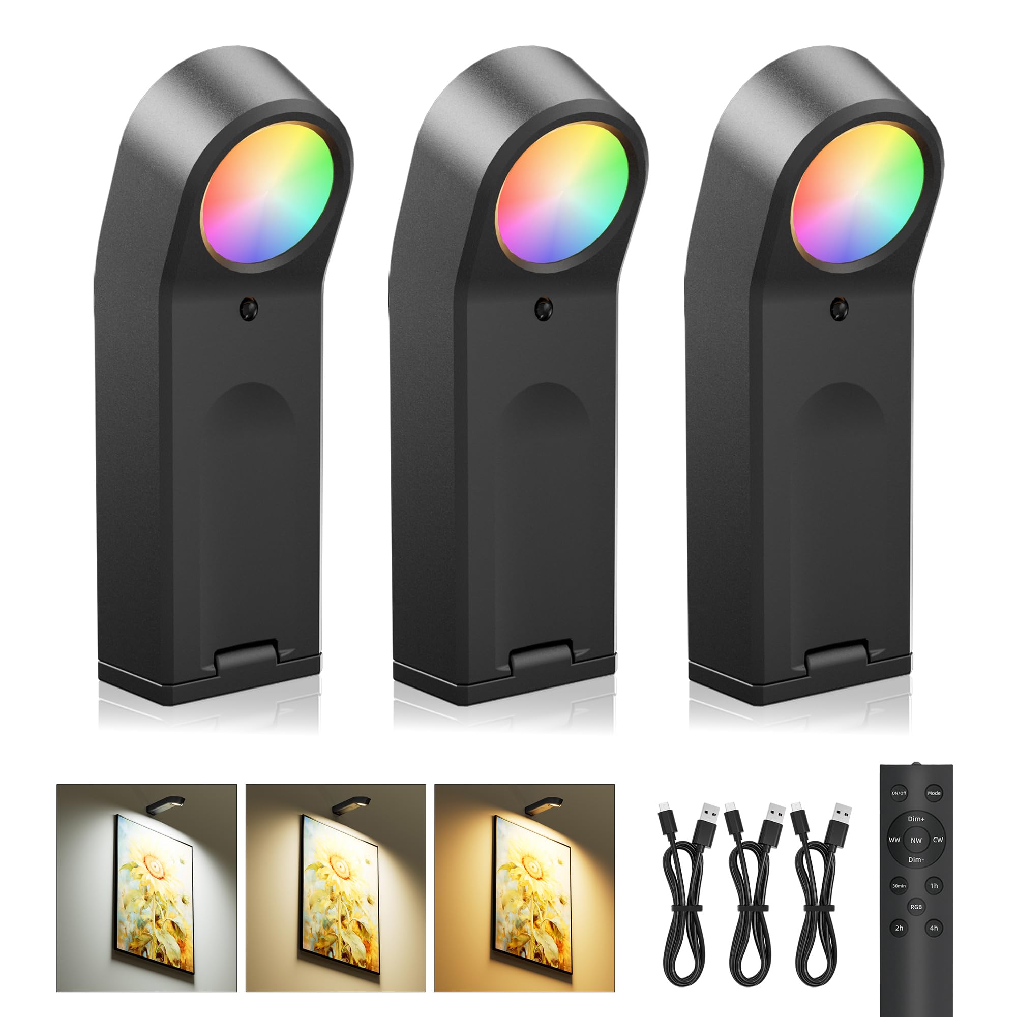 AIFEI Luci per quadri da parete, 4000 mAh, ricaricabili a batteria, con telecomando, dimmerabili, 3 temperature di colore e 8 RGB, illuminazione artistica wireless per dipinti, cornici, gallerie (nero