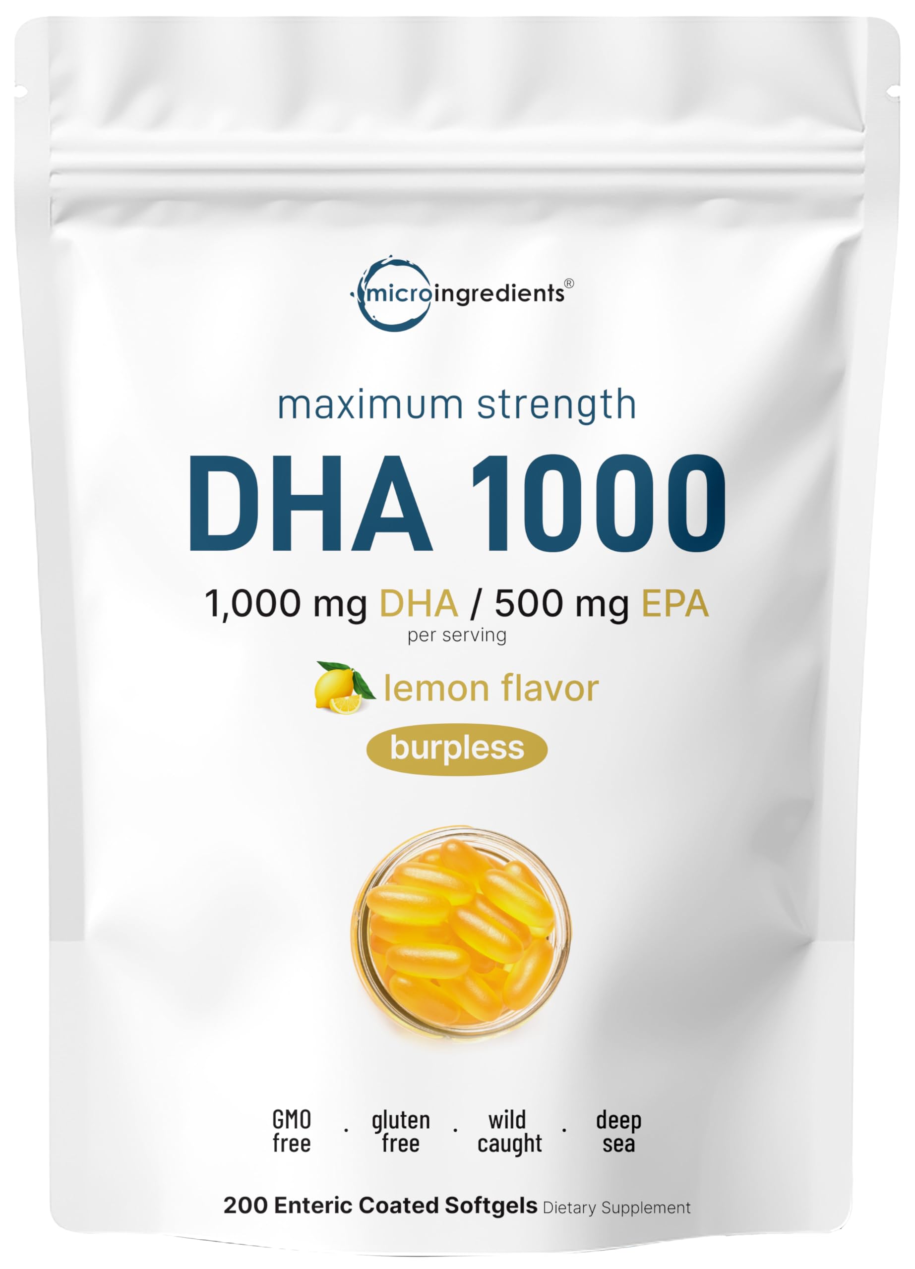 DHA Supplements, Omega-3 1000mg, DHA-500mg, EPA-250mg, 200 Softgels, Burpless with Enteric-Coated Technology, Wild Caught at Norwegian Sea, Prenatal, Kids Vitamins, Support Brain Health, Mercury Free