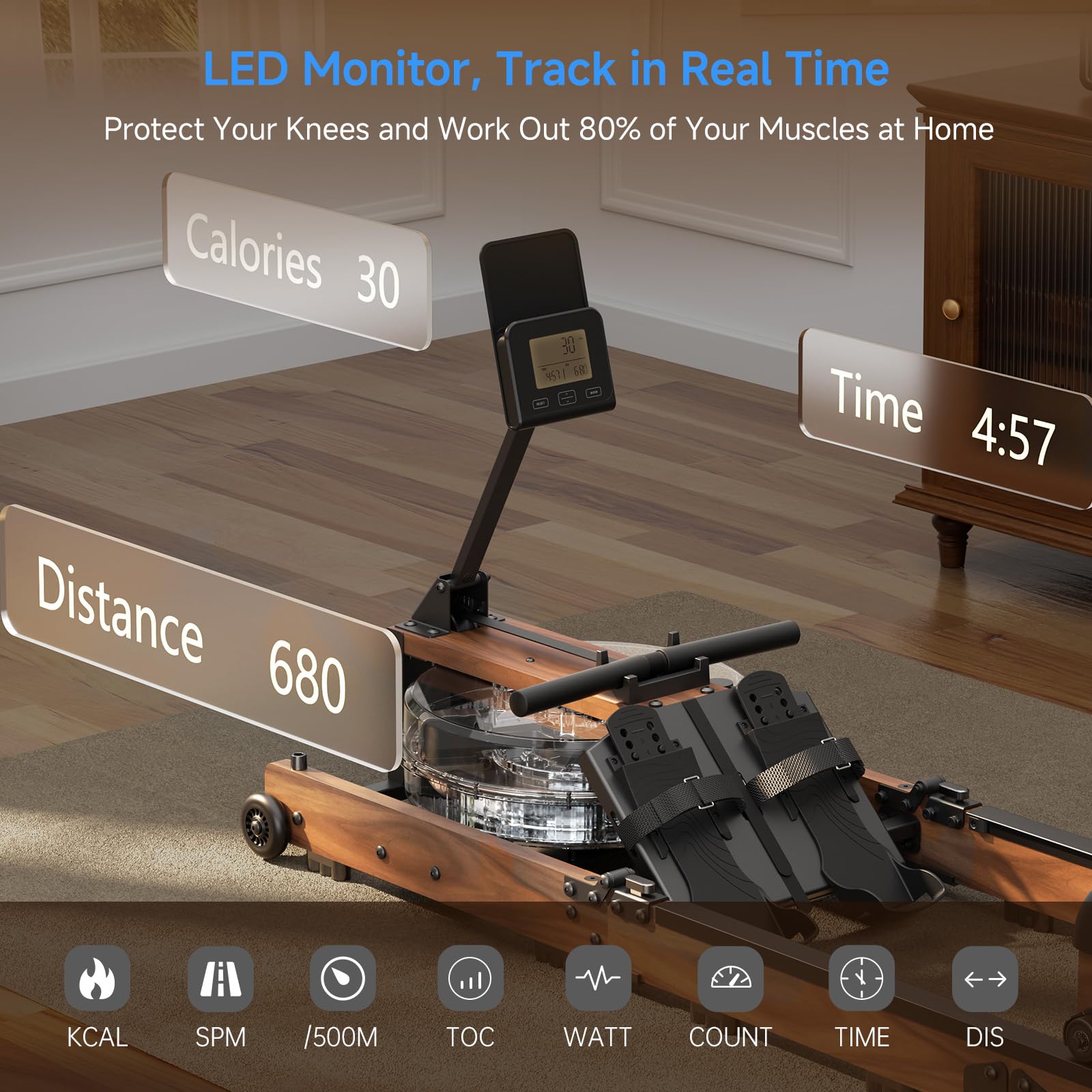 Vogatore Professionale per Casa, Vogatore ad Acqua Tripla Pieghevole con Regolazione di 5 Livelli, Capacità di Peso 180KG con Monitor a LED, Compatibile con l'app Noce