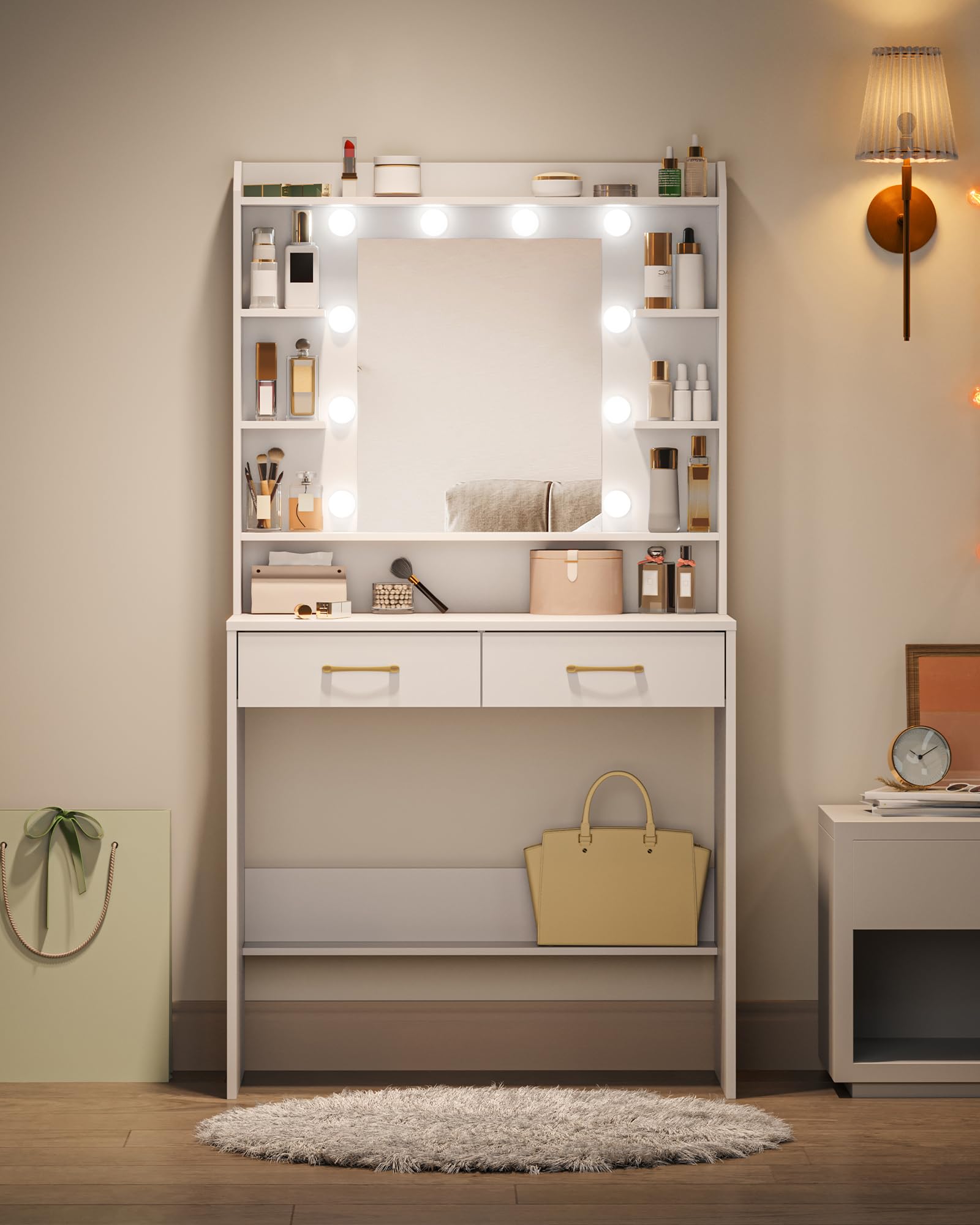 Toaletka Hzuaneri z Lustrem i Oświetleniem LED, Regulowana Jasność, Toaletka z Półkami i 2 Szufladami, do Sypialni, Salonu, 40 x 80 x 149 cm, Biała DT08203XV1