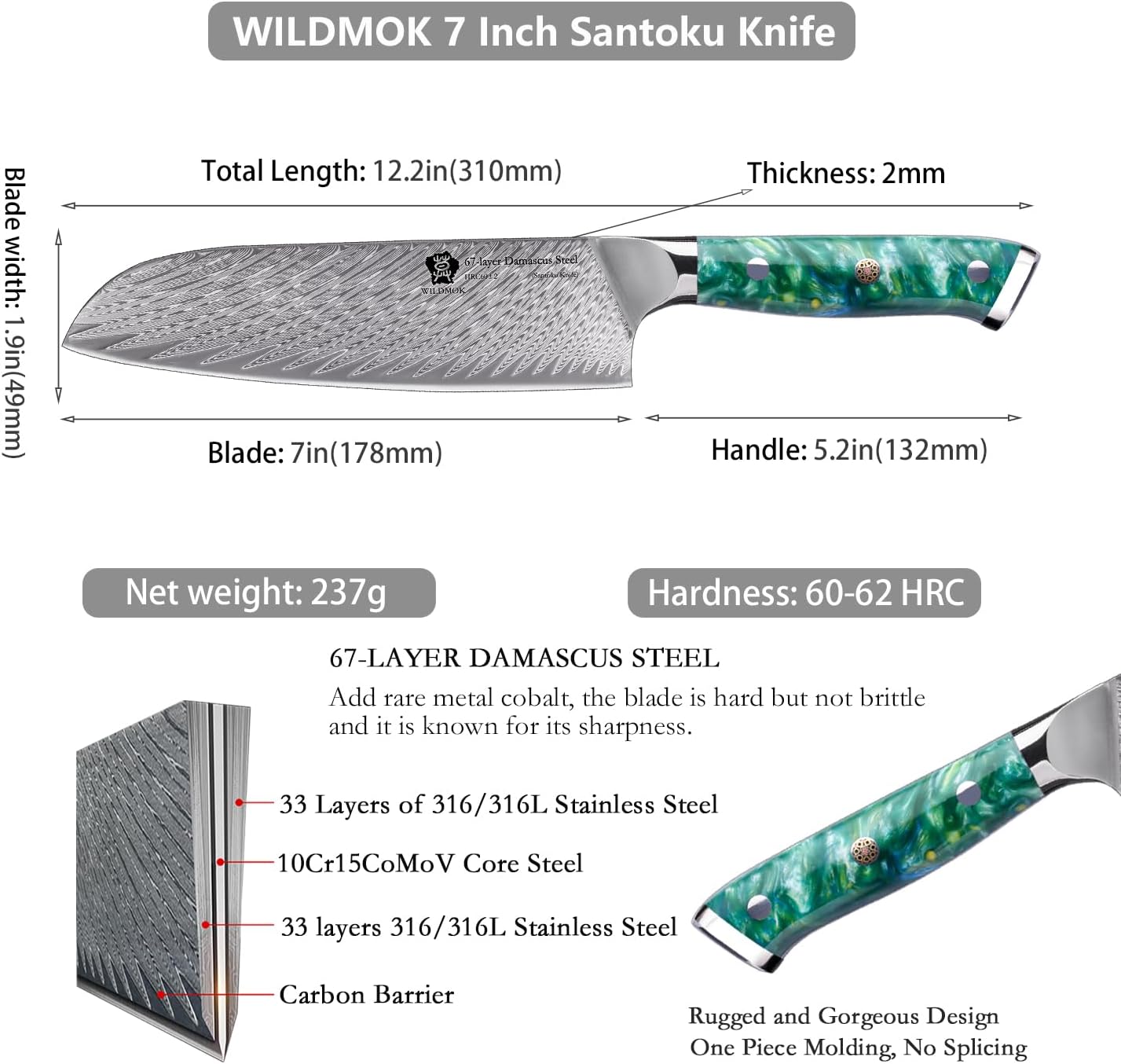 WILDMOK Santoku Knife 7 Inch kitchen knife, Ultra Sharp with Japanese Damascus Forged Santoku Knife, Ergonomic Resin Handle, cooking gifts with gift box