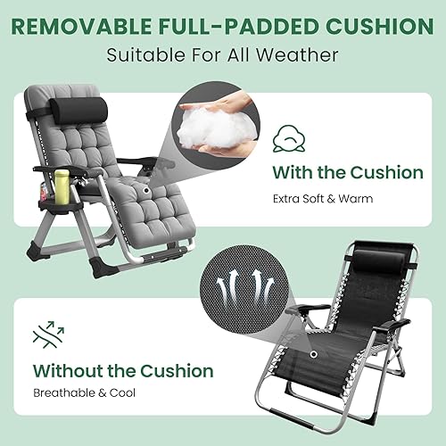 Miniatura 3 de Silla de gravedad cero de gran tamaño XL, silla de campamento reclinable de salón acolchada de 29 pulgadas con cojín extraíble, reposacabezas
