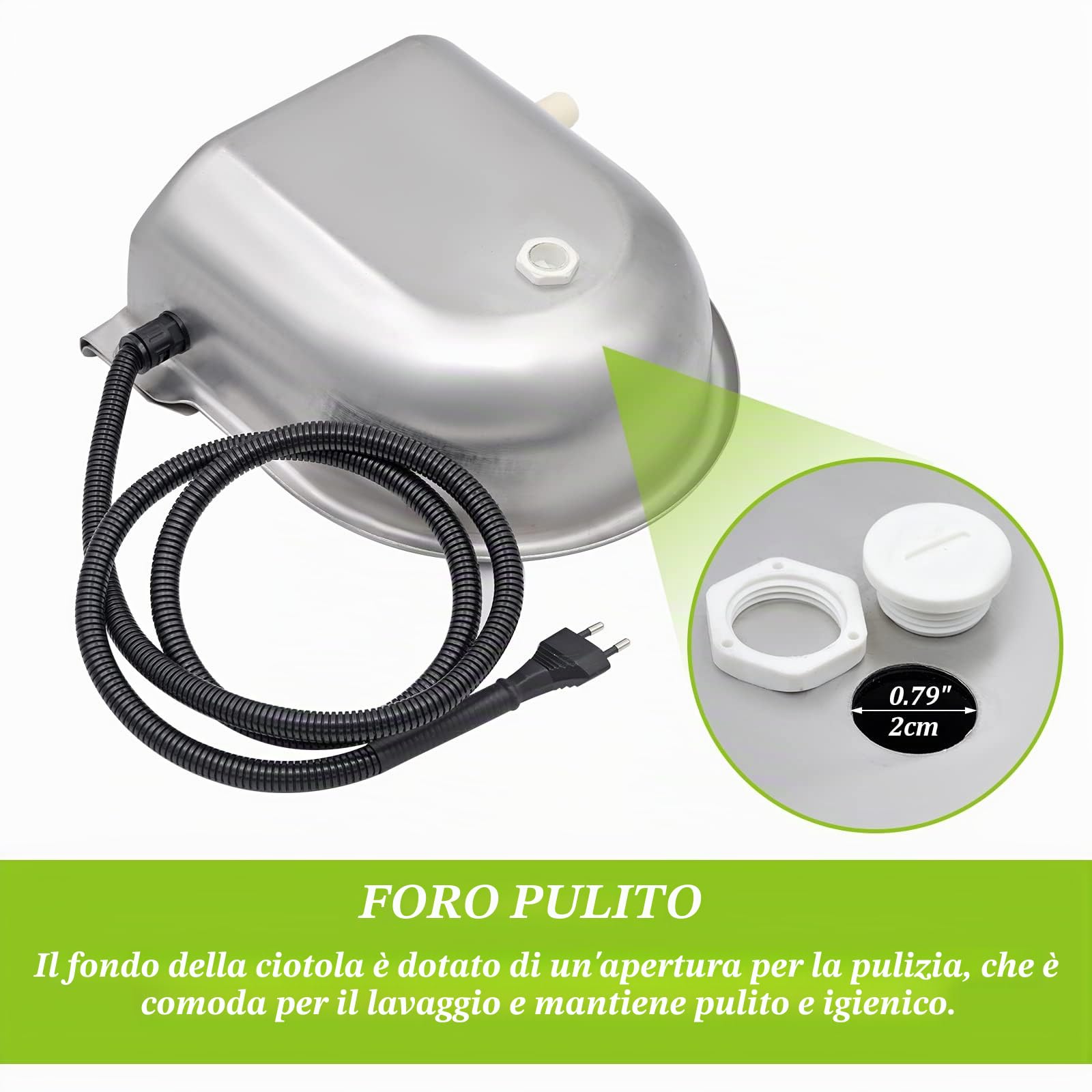 Abbeveratoio riscaldato con foro di scarico, 25 W, 220 V, per cavallo, riscaldabile, abbeveratoio automatico, per cavalli, bovini, pecore, cani
