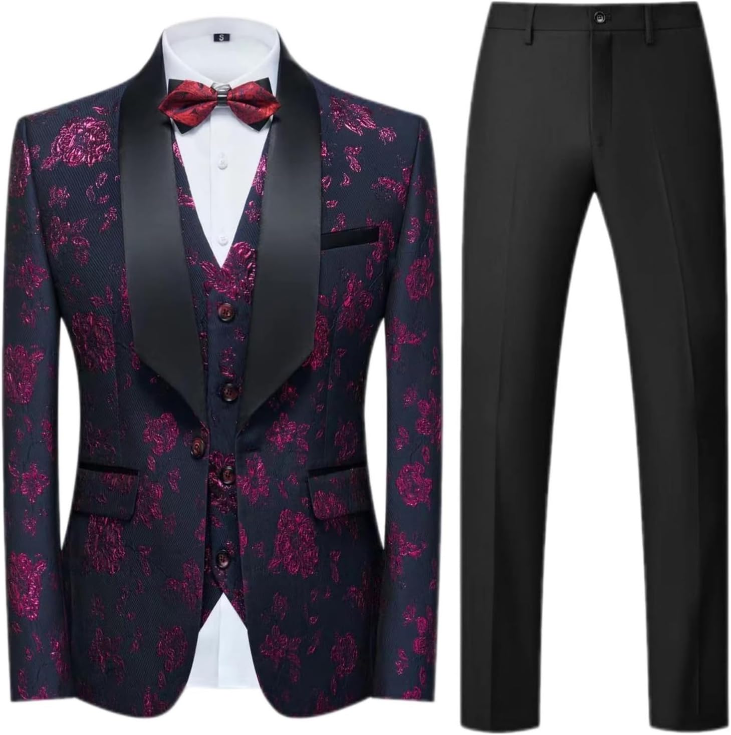 Men's 3 Piece Suit Set Slim Fit Shawl Collar One Button Jacquard Groom Emcee Blazer Vest Pants for Wedding Business
