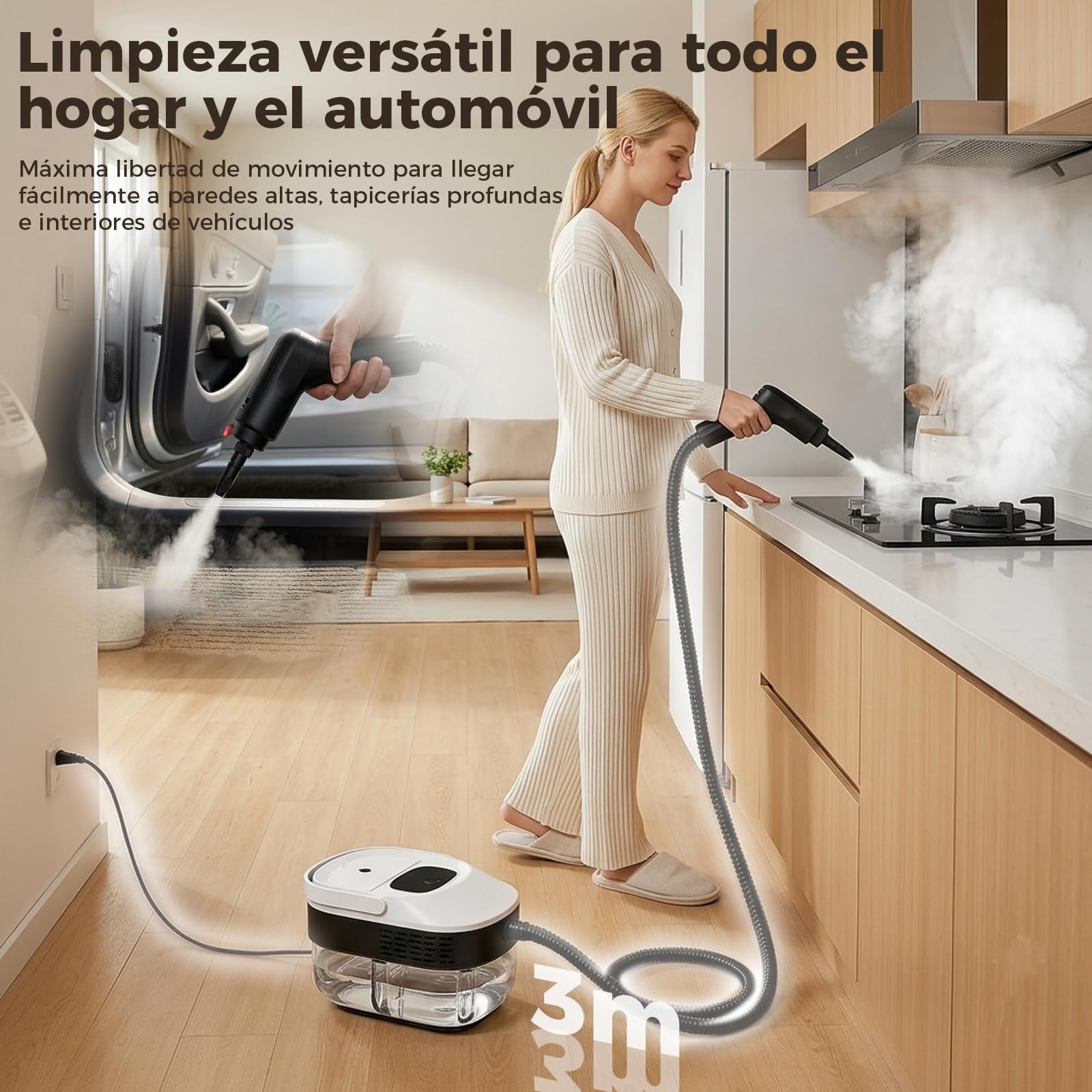 Limpiador de Vapor Portátil 2500W con Depósito 1.6L, Limpiadora de Vapor 3 Bares 3 Niveles Ajustables con 14 Accesorios para Suelos Cocina Sofá Coche Ventanas