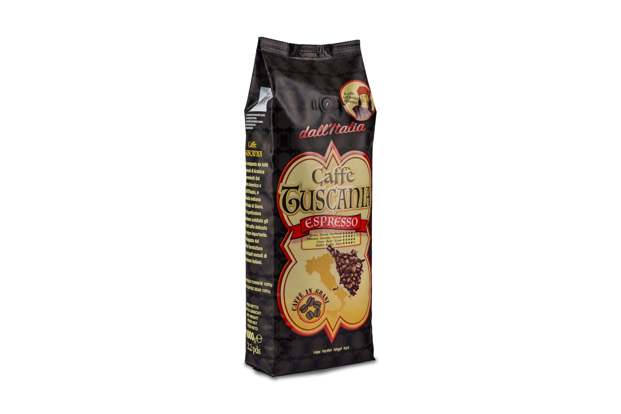 Caffè Tuscania - Caffè in Grani, gusto intenso, media tostatura, da macinare, caffè espresso italiano, miscela da bar - alta qualità - 1 Kg, chicchi