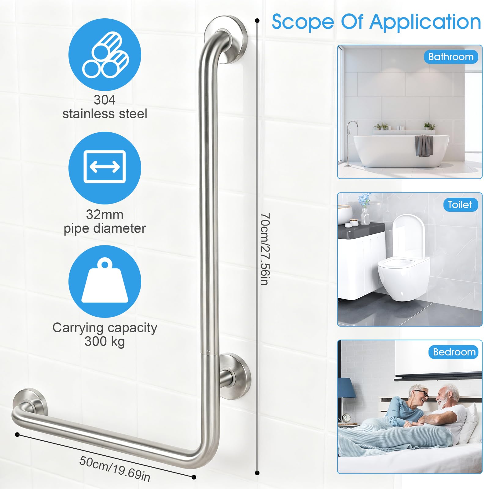 Maniglia per doccia, 70 x 50 cm, a forma di L, in acciaio inox, per anziani e incinte, impugnatura di sicurezza per bagno, WC, corrimano da parete antiscivolo per hotel e casa (spazzolato, sinistra)