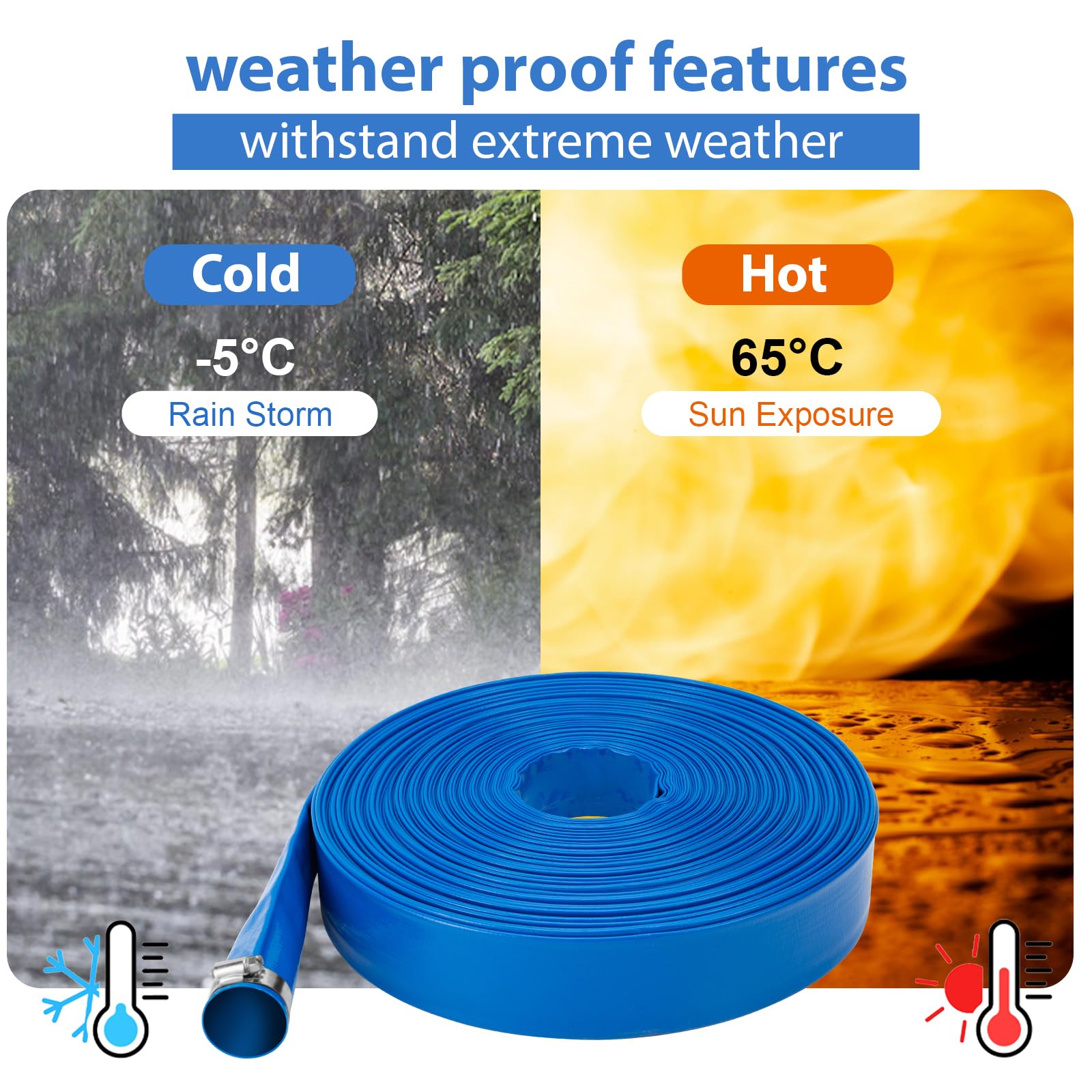 Tuyau de lavage de piscine de 3,8 cm x 30,5 m, tuyau en PVC à décharge plate, résistant aux intempéries et à l'éclatement pour piscines de vidange d'eau, filtres de nettoyage de piscine