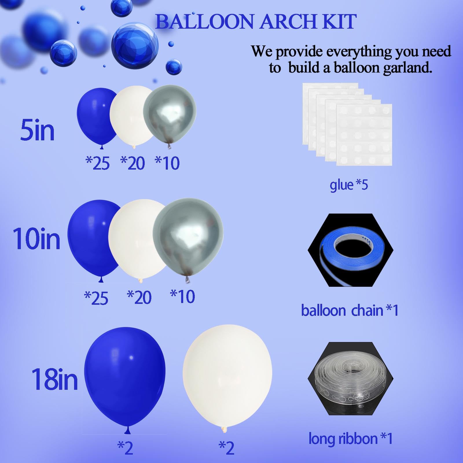 INFLORAL Birthday Party Royal Blue Silver and White Balloon Arch Kit Latex Balloon Garland Kit for Baby Shower Father's Day Graduation Party and Theme Party