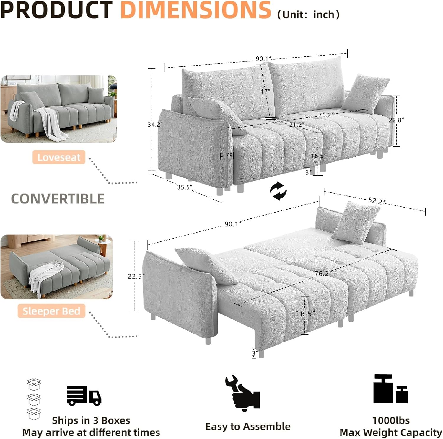 90.1" Convertible Sofa Bed, Modern Full Size Sleeper Loveseat, 2-in-1 Comfy Chenille Couch Bed with Storage for Living Room, Small Spaces, Office, Apartment, Grey