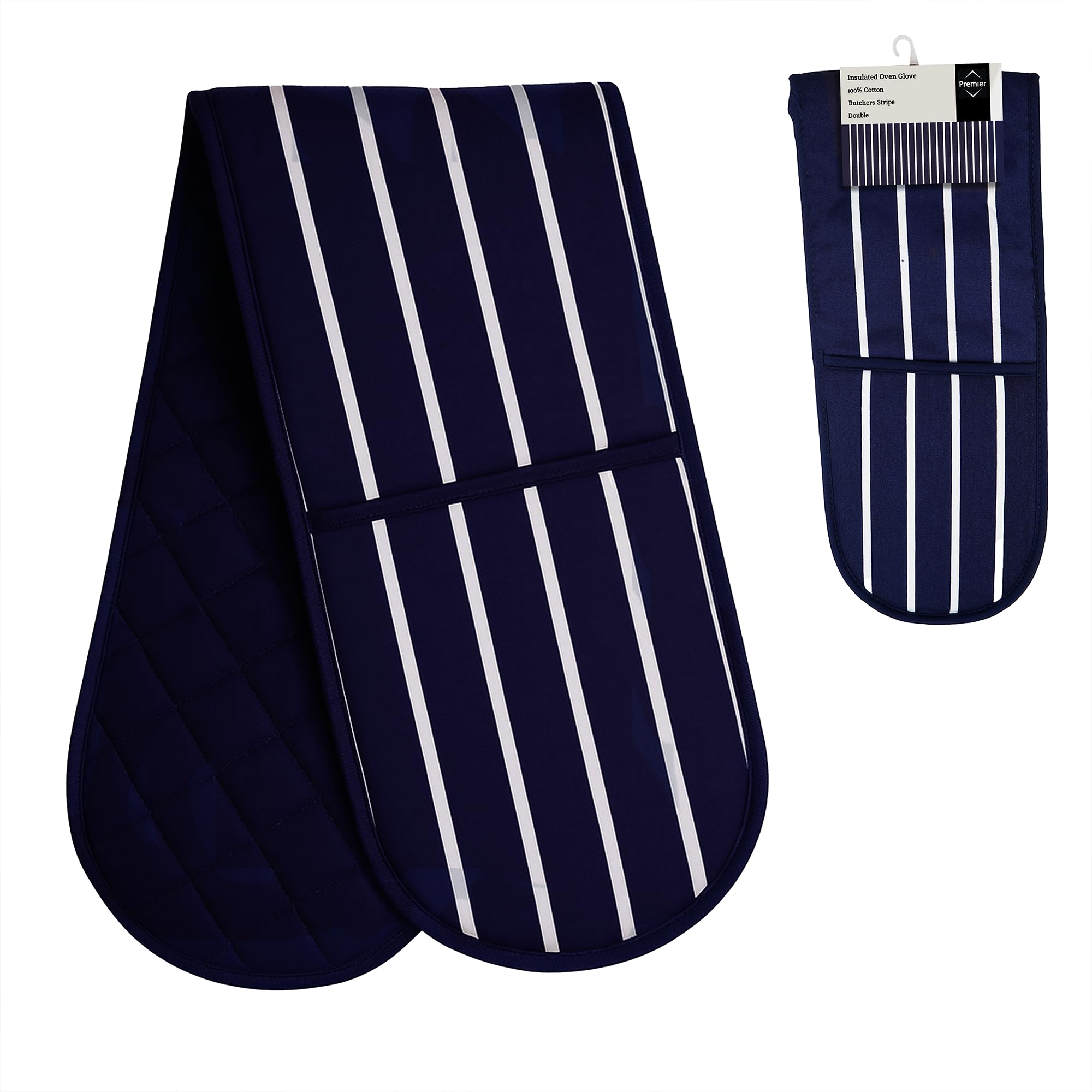 Premier Blue Housewares 100% Cotton Gloves, Double Oven Mitts, Striped, Heat Resistant, H83x W18x D2,