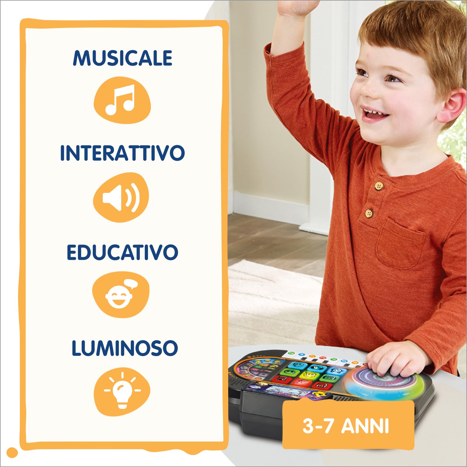 VTech Junior DJ Mix, Console da DJ per Bambini, Pulsante Registrazione, DJ Mix da Bambini con Tasti del Pianoforte, Schermo LCD e Piatto con Disco Luminoso, Lingua Italiana, Batterie Incluse, 3-7 Anni