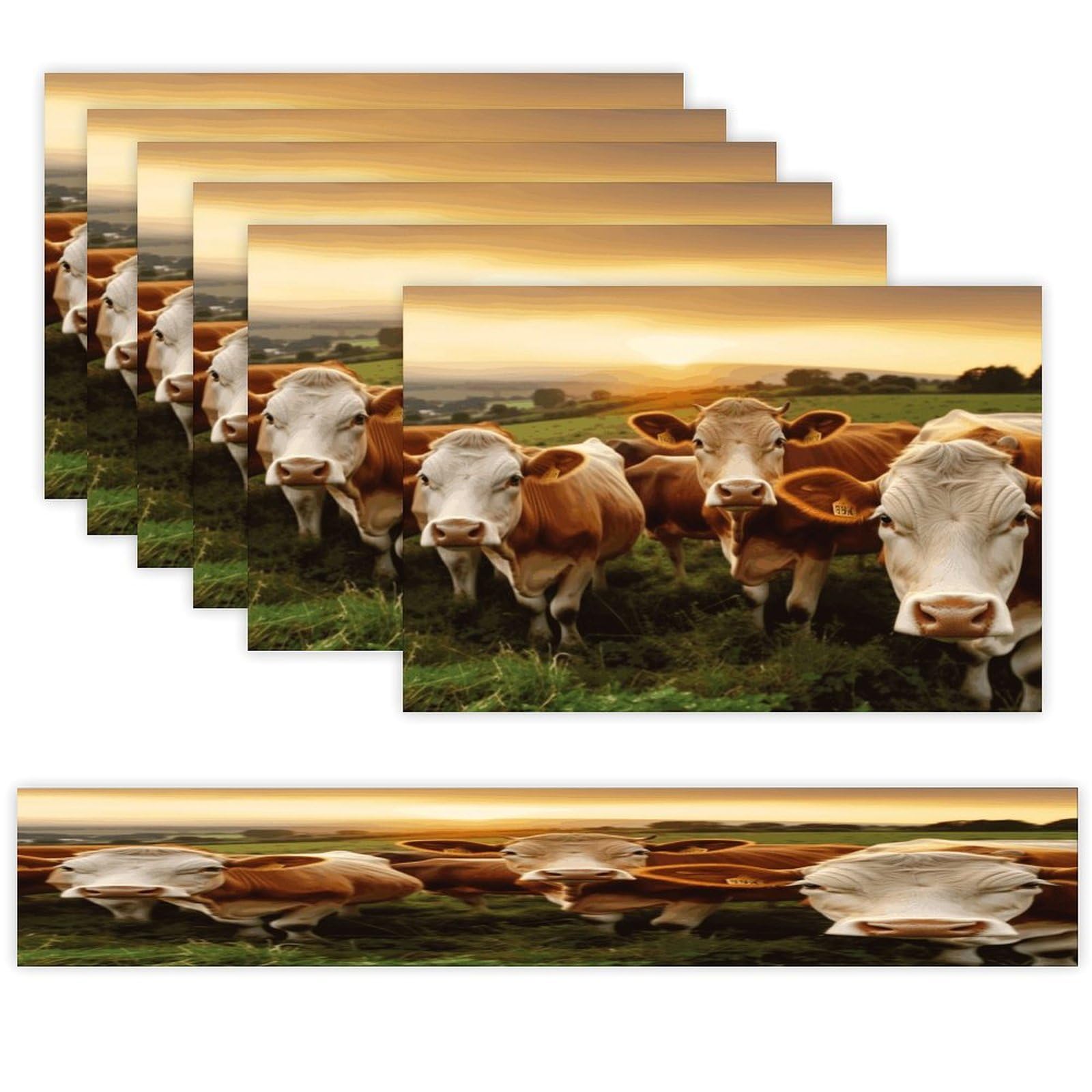 Animal Cows Table Runner and Placemats Set of 6 Wipe Clean Heat Resistant Table Mat with Table Runner Decorations Flax Linen Place Mat Set for Home Kitchen Party Supplies