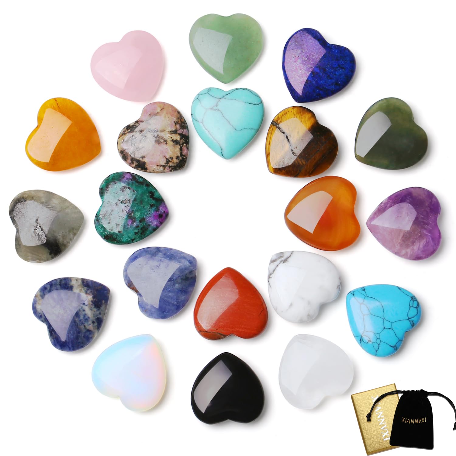 XIANNVXI 20 Pcs Healing Crystals Heart Gemstones Natural Healing Crystal Gifts Love Palm Pocket Stones Reiki Chakra Crystals