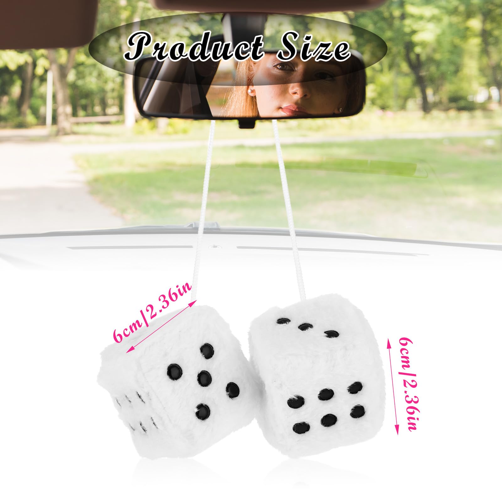 Telooco Dadi soffici bianchi per auto 1 paio di accessori per dadi in peluche per specchietto retrovisore retrò, decorazioni quadrate appese per auto per donne (2,36 pollici)
