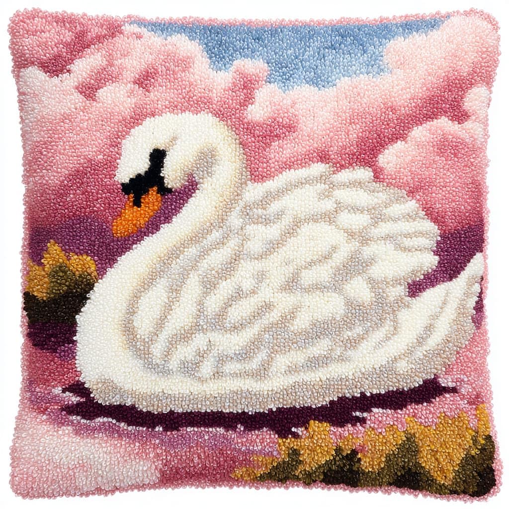Taxpy DIY Latch Hook Kits, White Swan Needlework Pillow Cover 43x43cm DIY Hooks Knitted Embroidered Carpet Pillow Embroidery Latch Hook Carpet Kit