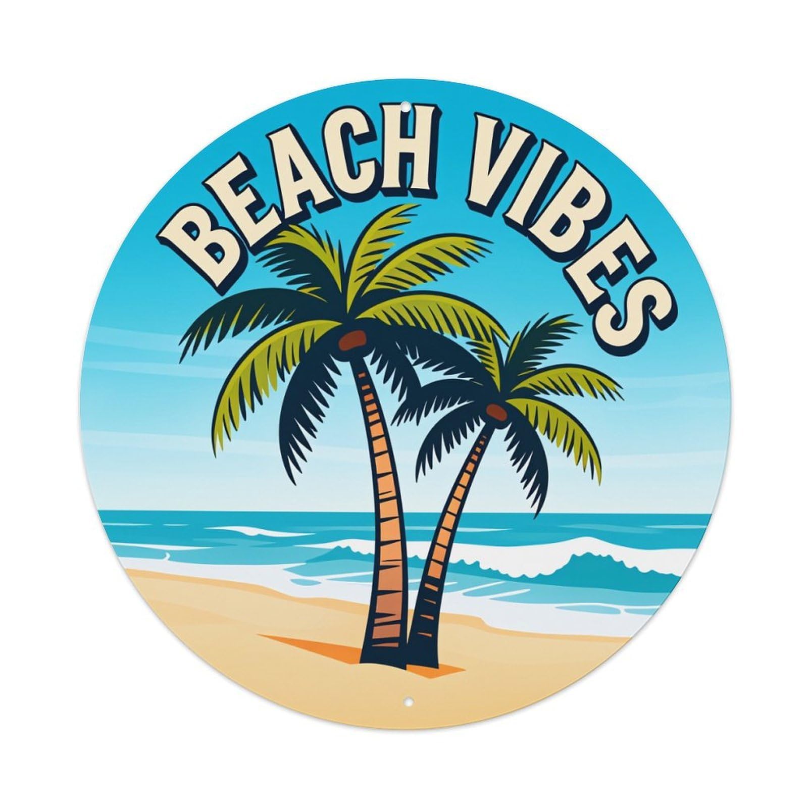 Beach Palm Waves Sky Sand Round Tin Sign Vintage Style Metal Sign Home Bar Garden Wall Plaque Decor Metal Poster 8x8 Inch