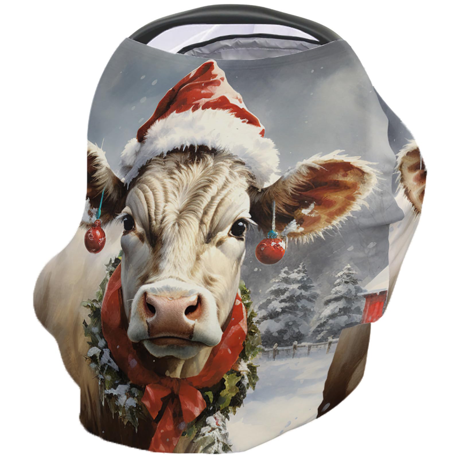 Nursing Cover for Breastfeeding Scarf, Merry Christmas Farmhouse Cow Xmas Hat Wreath Baby Car Covers Super Soft Multi Use for Canopy Shopping Cart Cover Blanket Stroller Cover