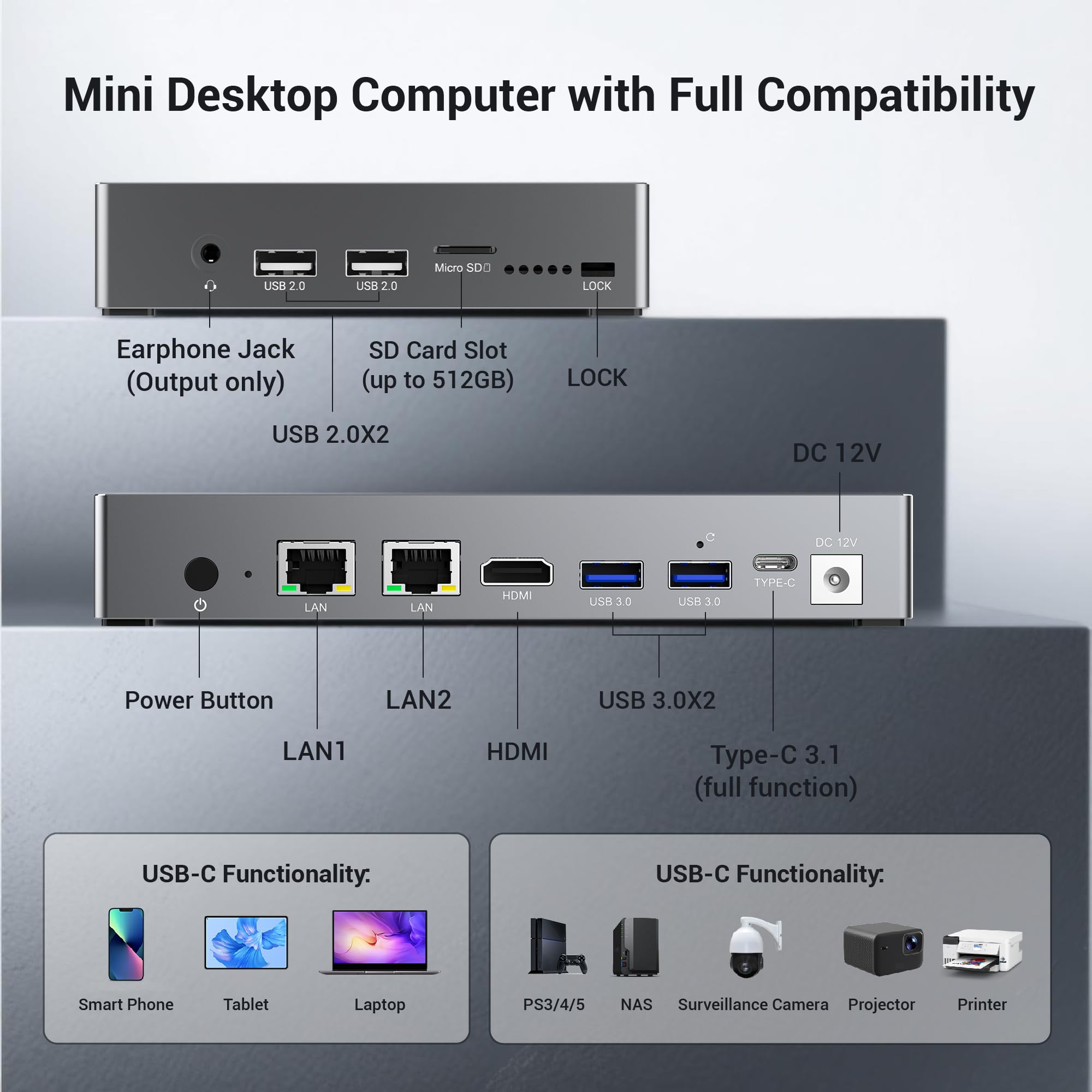 HEIGAOLAPC Mini PC Win 11 Pro, 12th Gen N95 (3.4 GHz), Pantalla de 7 Pulgadas 8GB
