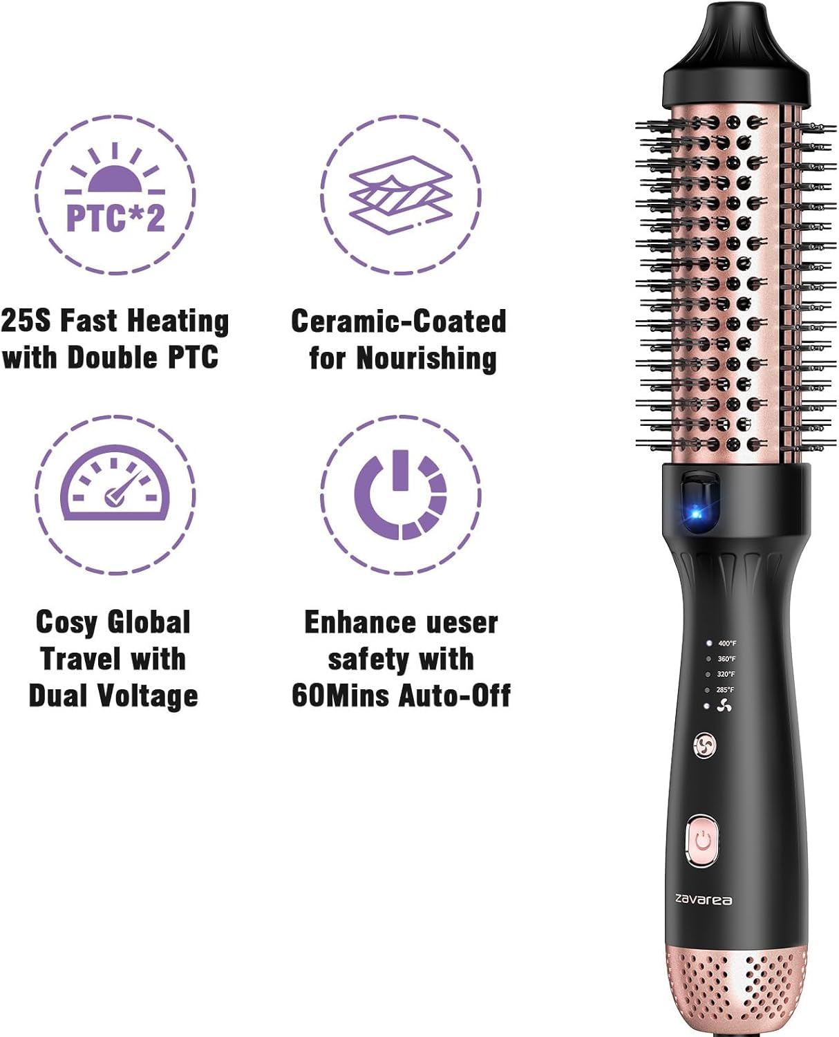 Thermal Brush for Less Damage, Zavarea 1.5 Inch Heated Round Brush for Blowout Look, Heated Styler with Built-in Cooling Air Circulation & Negative Ions & Ceramic, Easy to Use, Dual Voltage, Black
