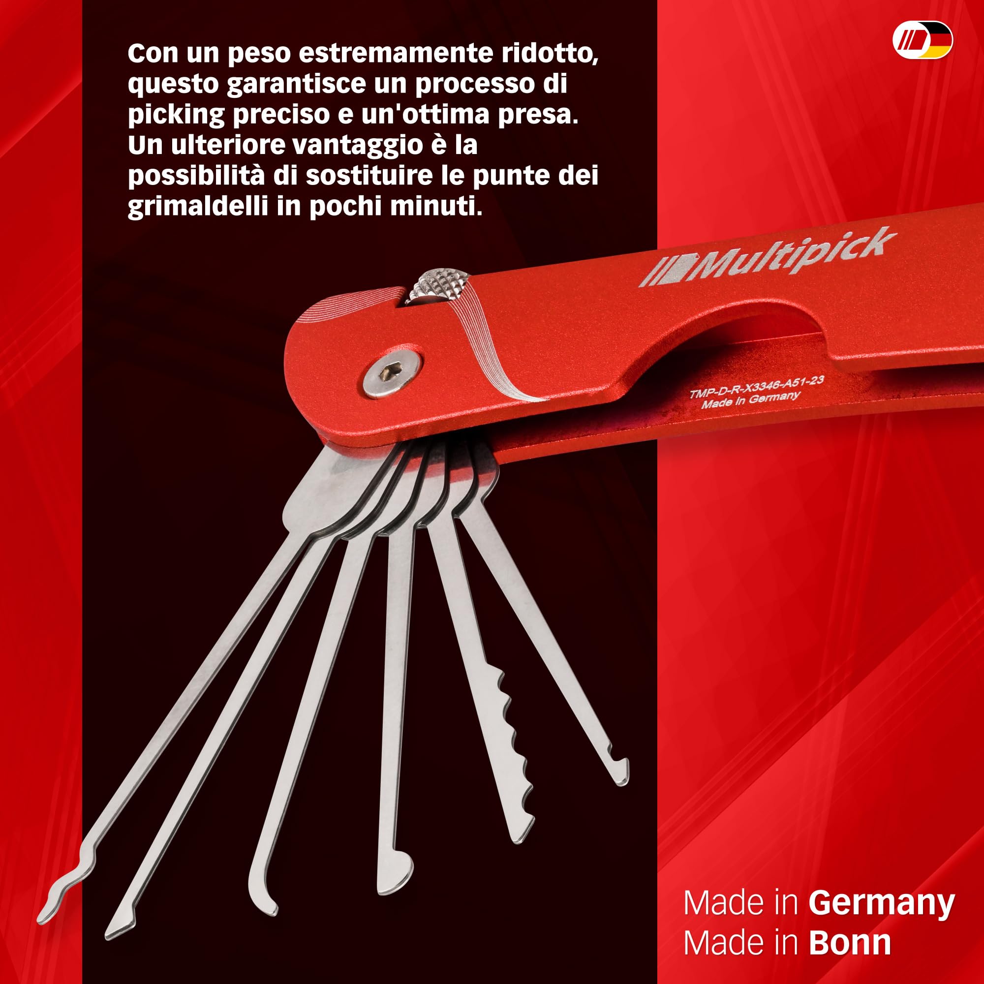 MULTIPICK Coltello tascabile Grimaldelli Set Professionale Rosso [7 strumenti] Kit Grimaldelli - Lockpicking Set - Set di Grimaldelli - Grimaldelli professionali - Lock picking
